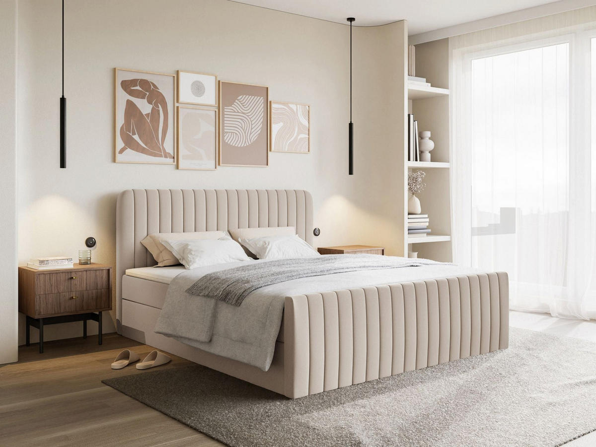 BOXBETT Saliano mit Topper und Chenille-Bezug Beige, 160x200 cm - Beige, Kunststoff/Textil (160/200cm) - Selsey