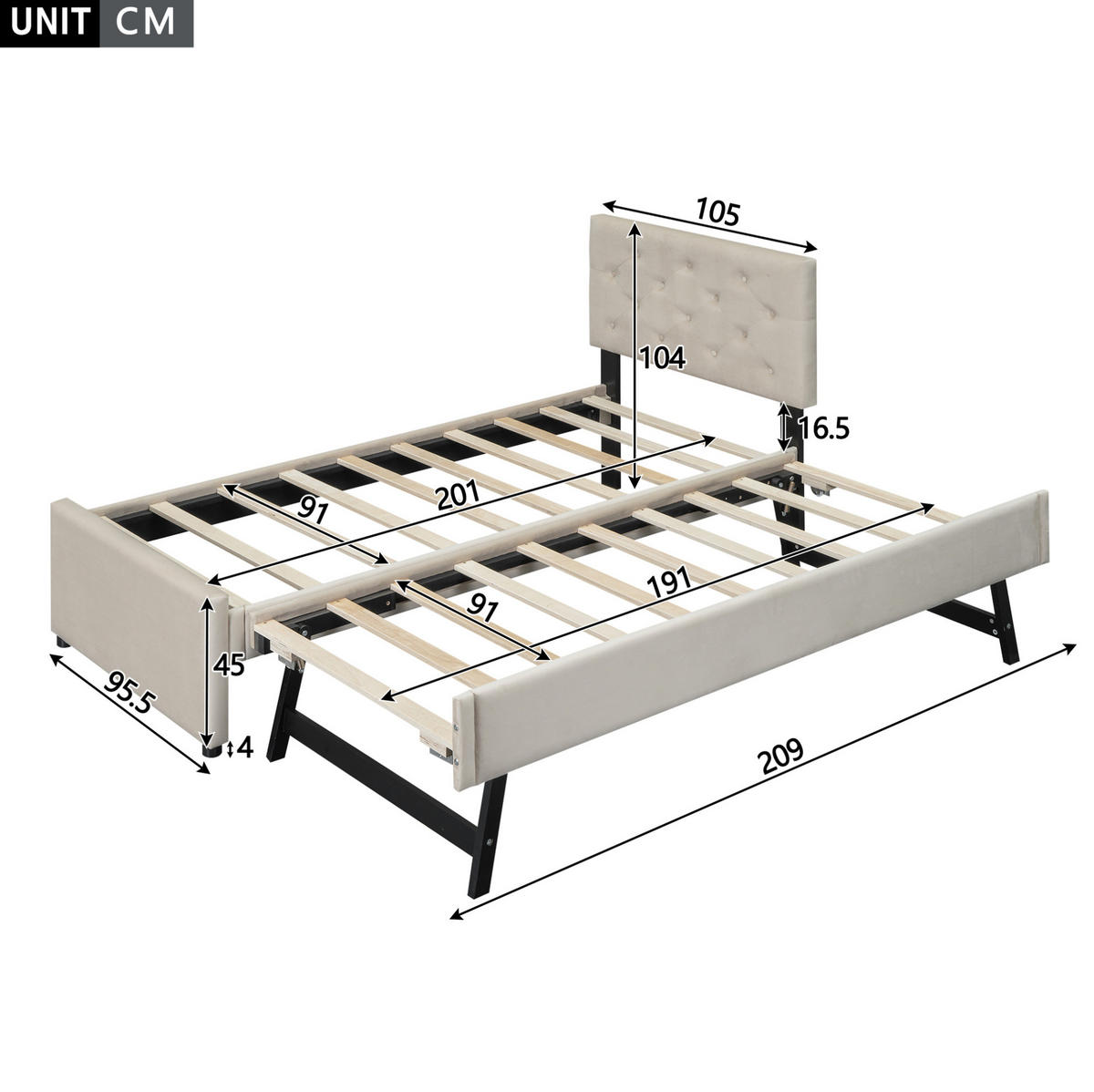BETT mit Rollbett 90x200 cm Samt Beige - Beige, Metall (90/200cm) - Meubliv