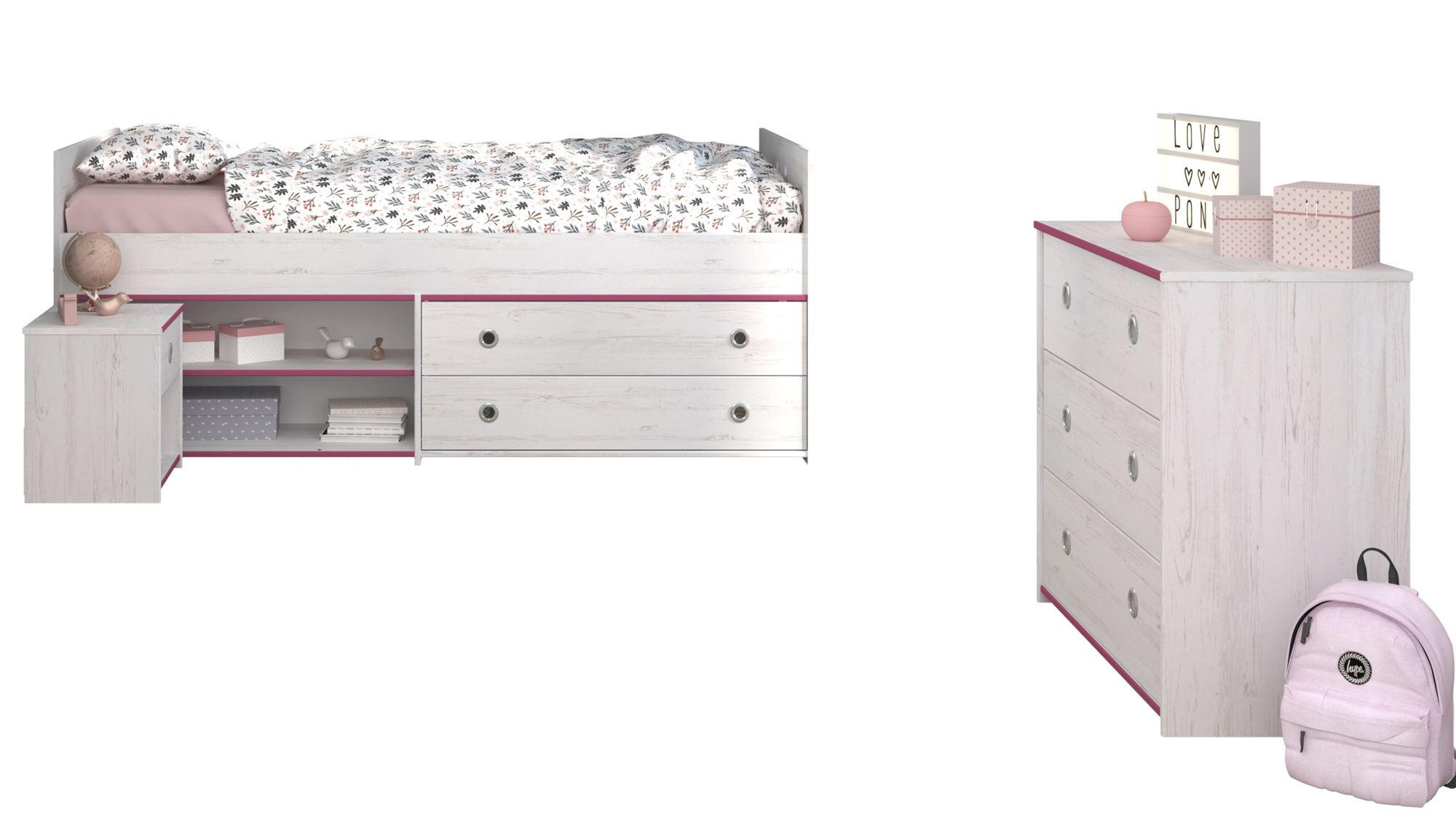 KINDERZIMMER-SET 3-tlg. Parisot Smoozy 23b Holzdekor Kiefer Weiß/Pink - Pink/Weiß, Kunststoff (100/1/200cm) - 58aufmkessel