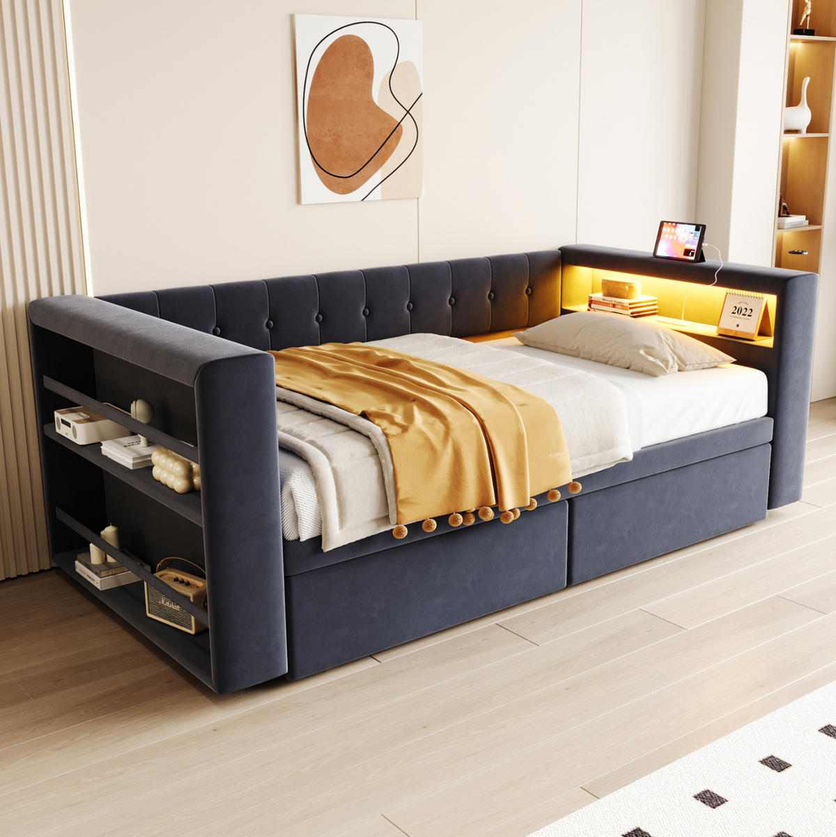 POLSTERBETT 90/190 cm mit LED-Beleuchtung und Stauraum in Dunkelgrau - Dunkelgrau, Textil (90/190cm) - BEAOK