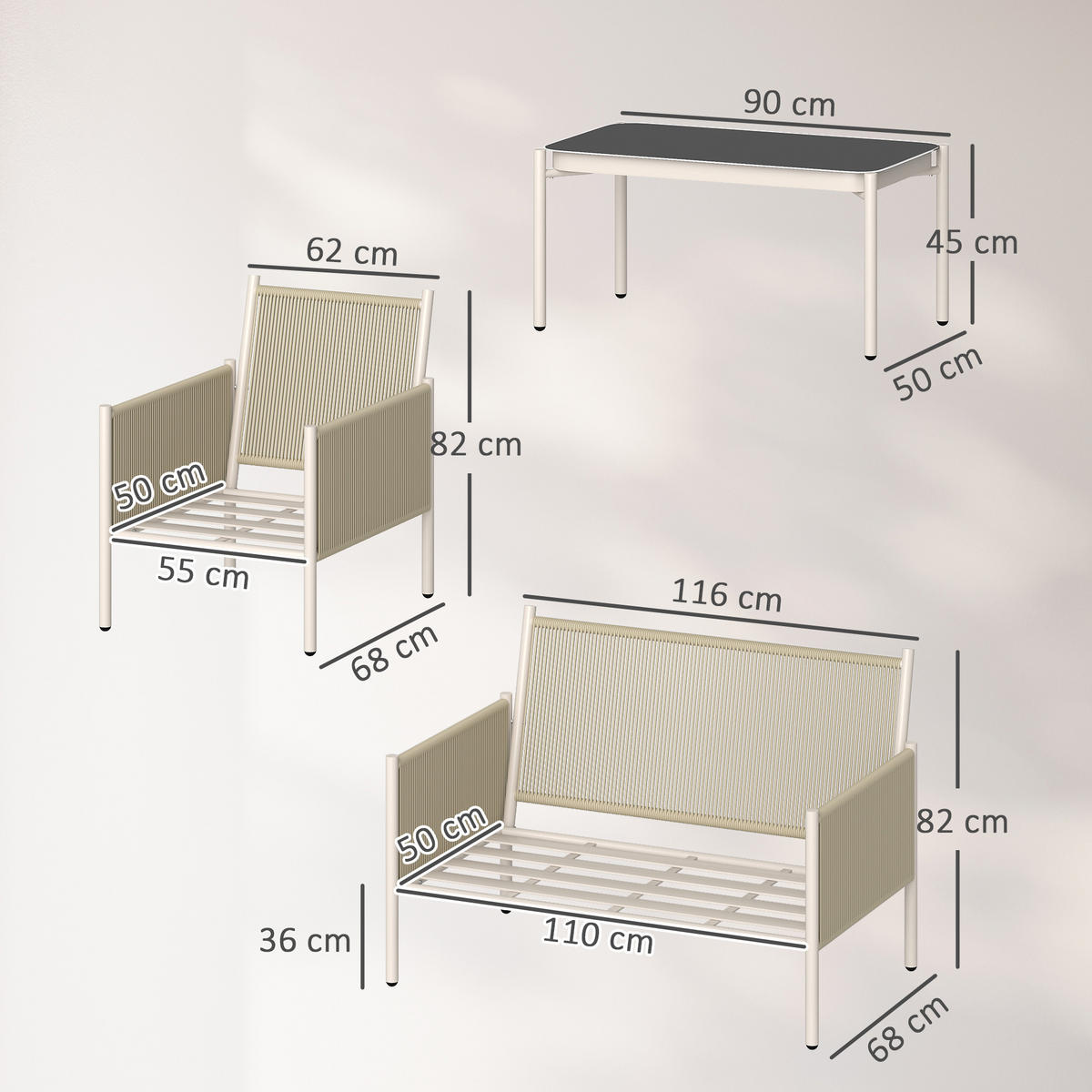 GARTENMÖBEL LOUNGE-SET DE-06736 4-teilig, mit Glastisch Braun/Grau - Hellgrau, Kunststoff/Metall - ComfortXL