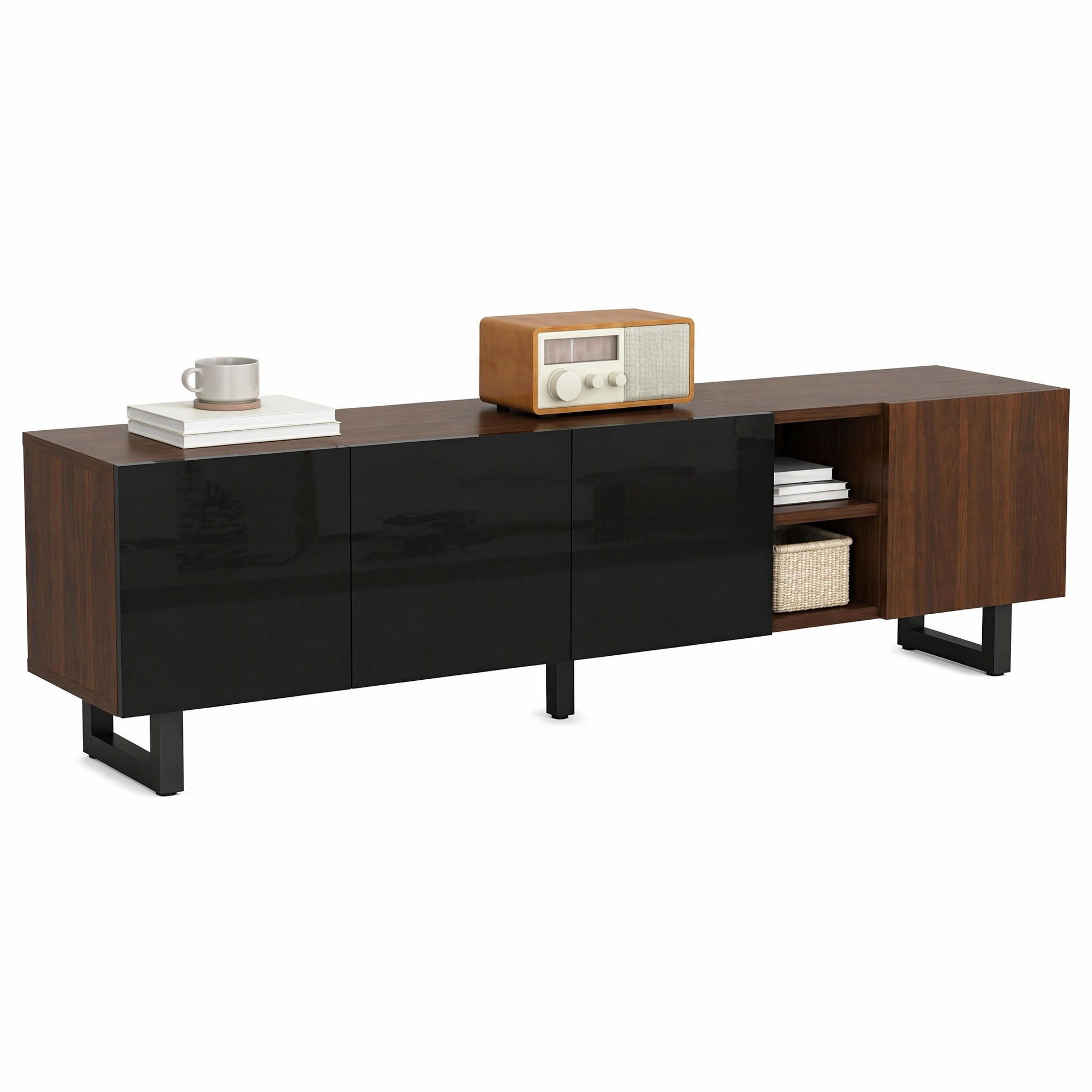 LOWBOARD in Schwarz und Naturfarben TV-Schrank mit vier Türen für Wohnzimmer, B180/T38/H50 cm - Schwarz/Naturfarben, Holzwerkstoff/Metall (180/50/38cm) - STILVORA