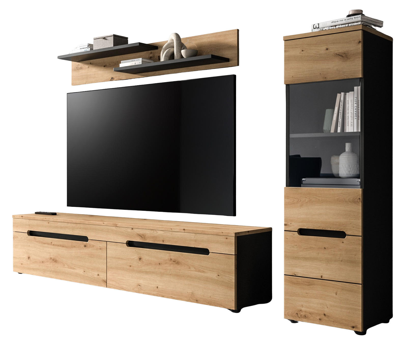 WOHNWAND Eiche Artisan, grau, Kombination 3-teilig 220 cm hängend oder stehend, Soft-Close, Cooper - Schwarz/Eiche Artisan, Glas/Holzwerkstoff (221/141/33cm) - Inn.Furn
