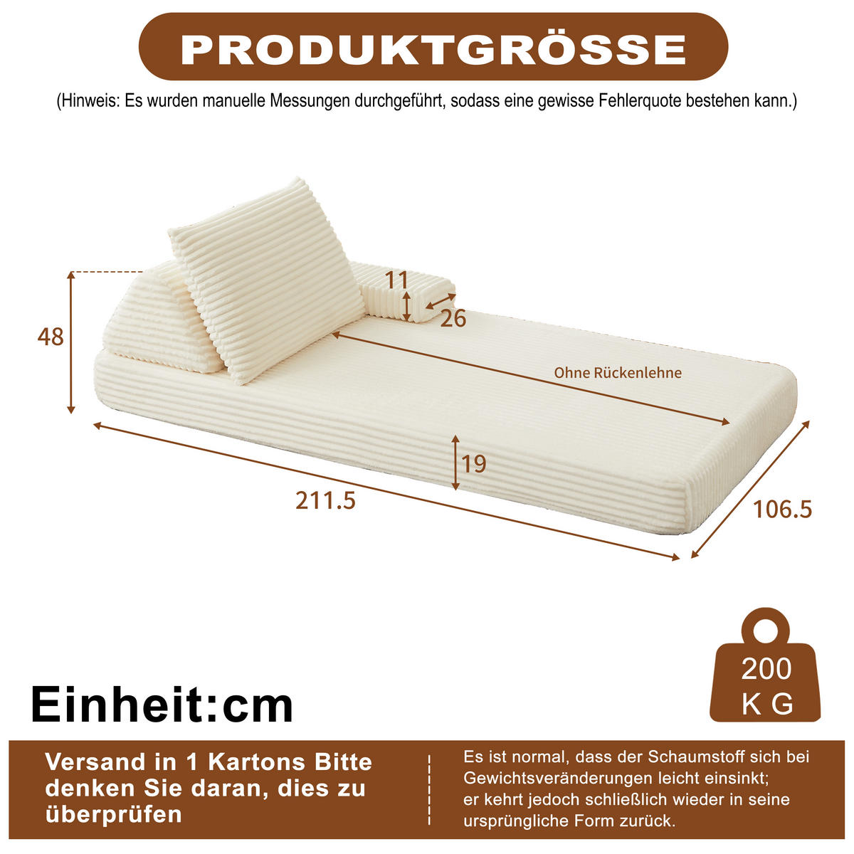 RÉCAMIERE 211 cm frei kombinierbar mit dreieckigen Rückenlehnen, DE-42722, Beige - Beige, Textil (211.5/48/106.5cm) - ComfortXL