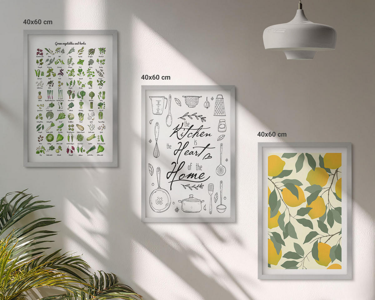 WANDBILDER 3er Set - 40x60 cm Silberner Rahmen - Bemalte Zitronen-Küchenkräuter - Silberfarben, Kunststoff (40/60cm) - ArtPrintCave