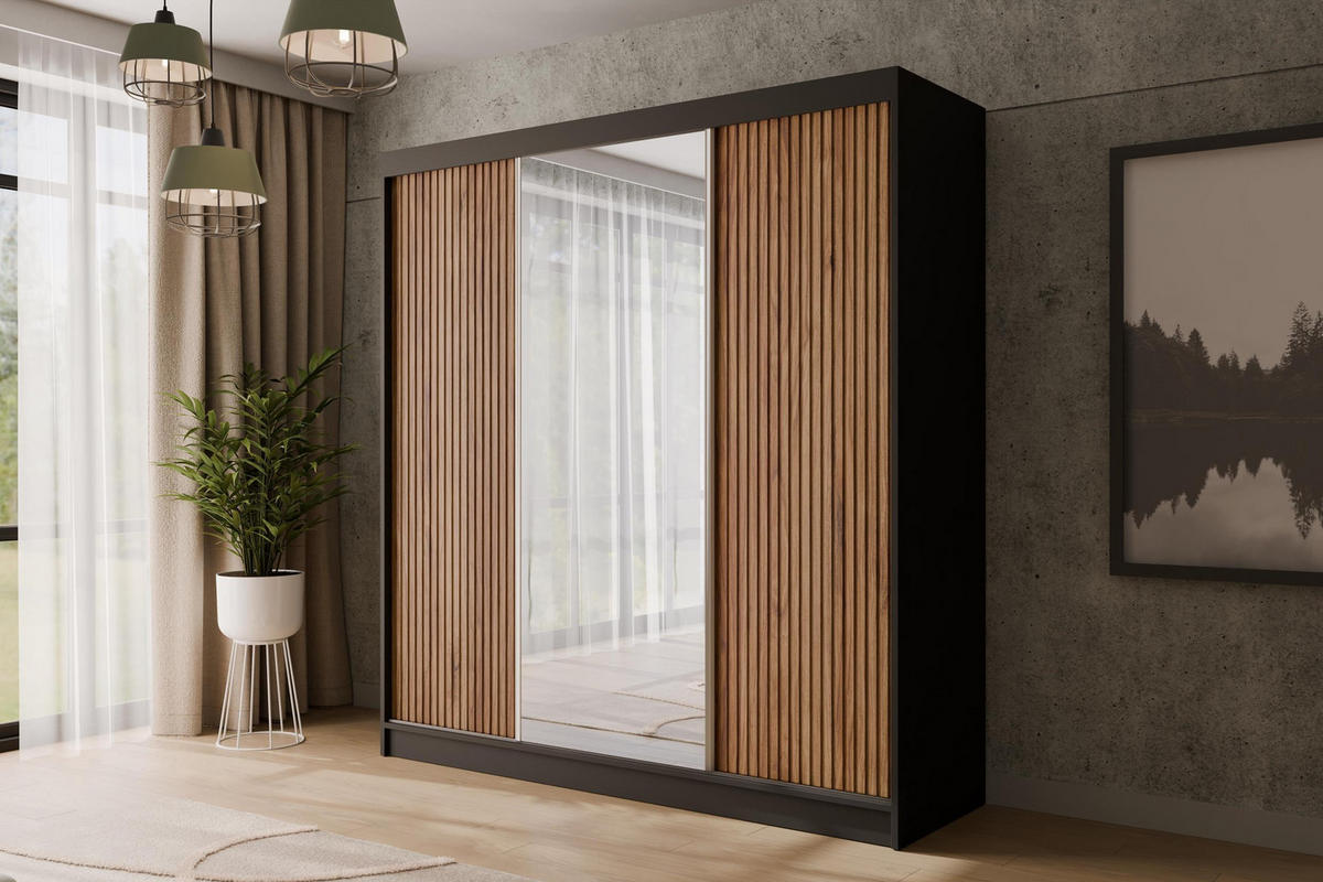 KLEIDERSCHRANK mit Spiegel V2-PRESTIG 215x200 cm - Schwarz|Braun - Schwarz/Braun, Holzwerkstoff (200/215/61cm) - ALTDECOR