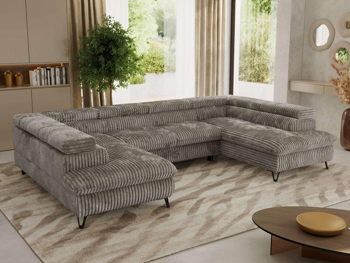 WOHNLANDSCHAFT PABLO U Cord Hellbraun mit Topper Visco - Schwarz/Grau, Textil/Metall (346/76/208cm) - MKS