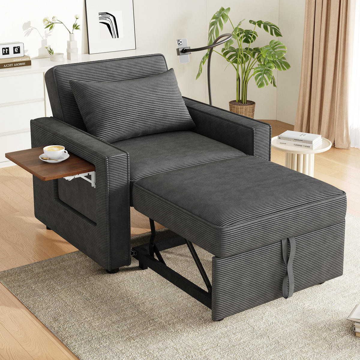 RELAXSESSEL 93/78/85 cm Grau mit Klapptisch und Handyhalter - Grau, Textil (93/85/150cm) - Oxeza