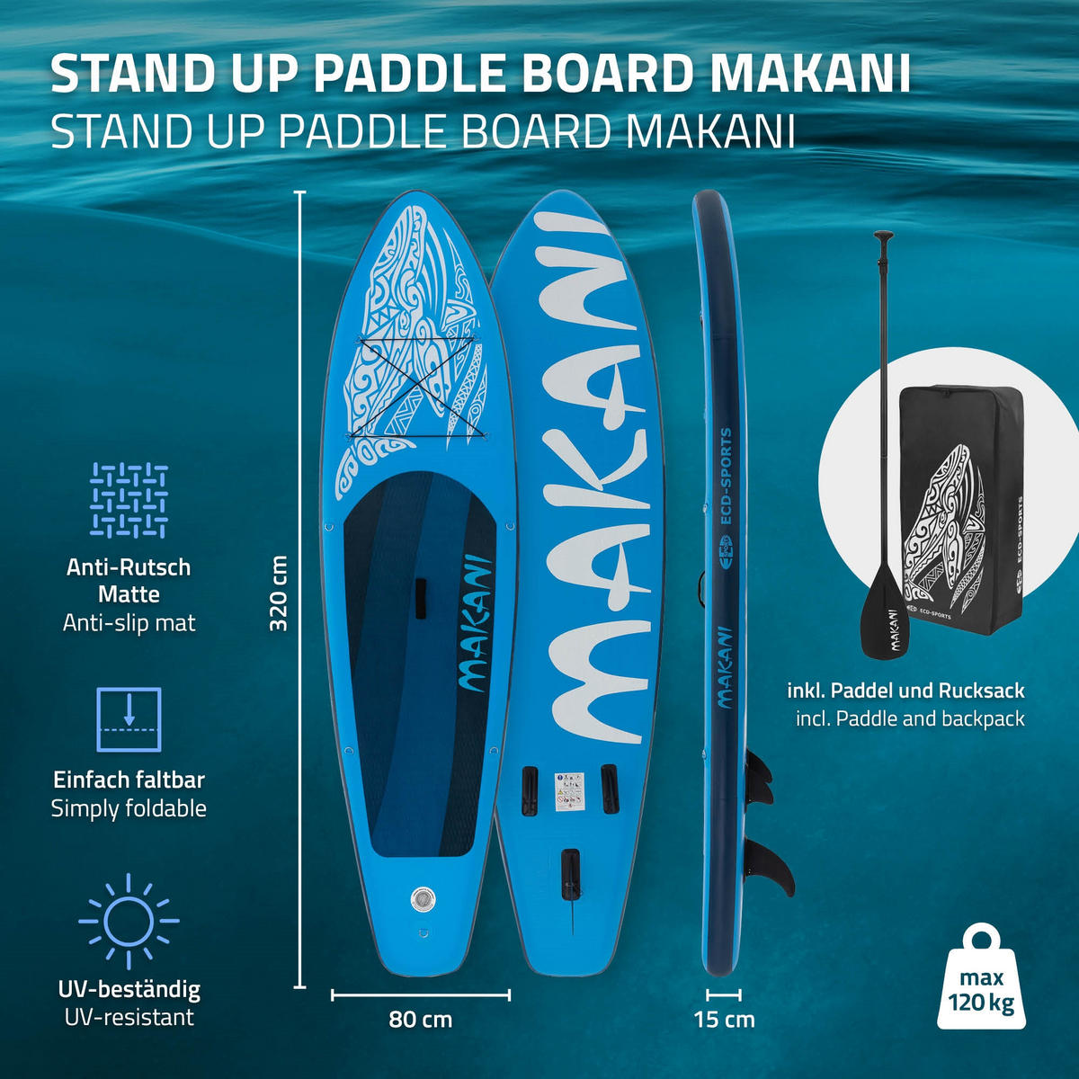 STAND UP PADDLE BOARD Makani Blau - Blau, Kunststoff (320/80/15cm) - ECD-Germany