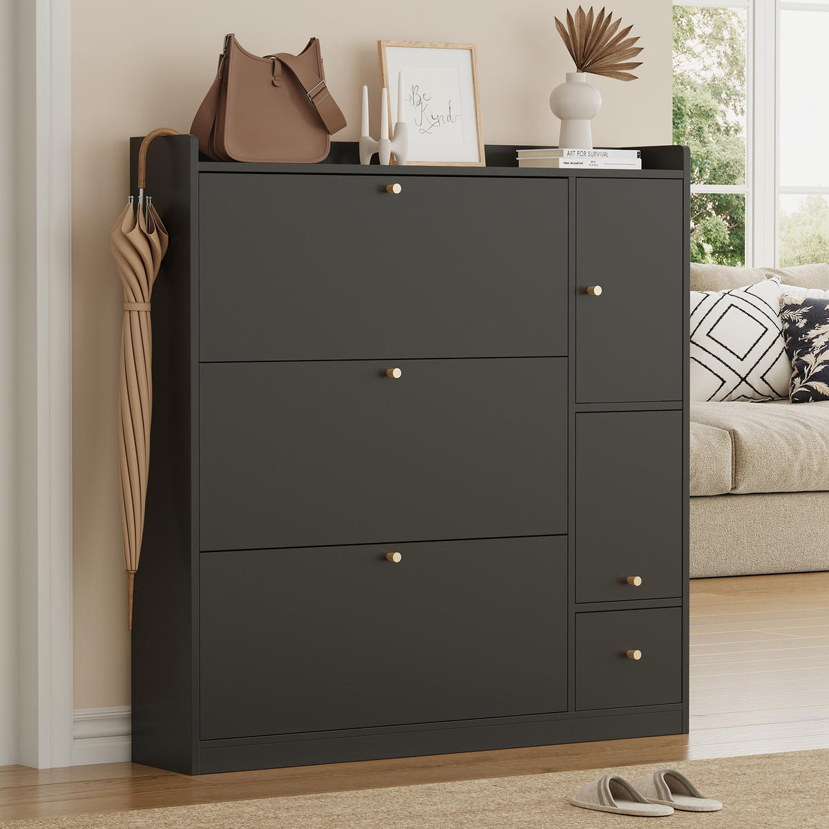 SCHUHSCHRANK in Schwarz Schuhkommode mit 3 Klappschubladen Sitzbank Stauraum für Flur Eingangsbereich, B119/T24/H122cm - Schwarz, Holzwerkstoff/Metall (119/122/24cm) - STILVORA