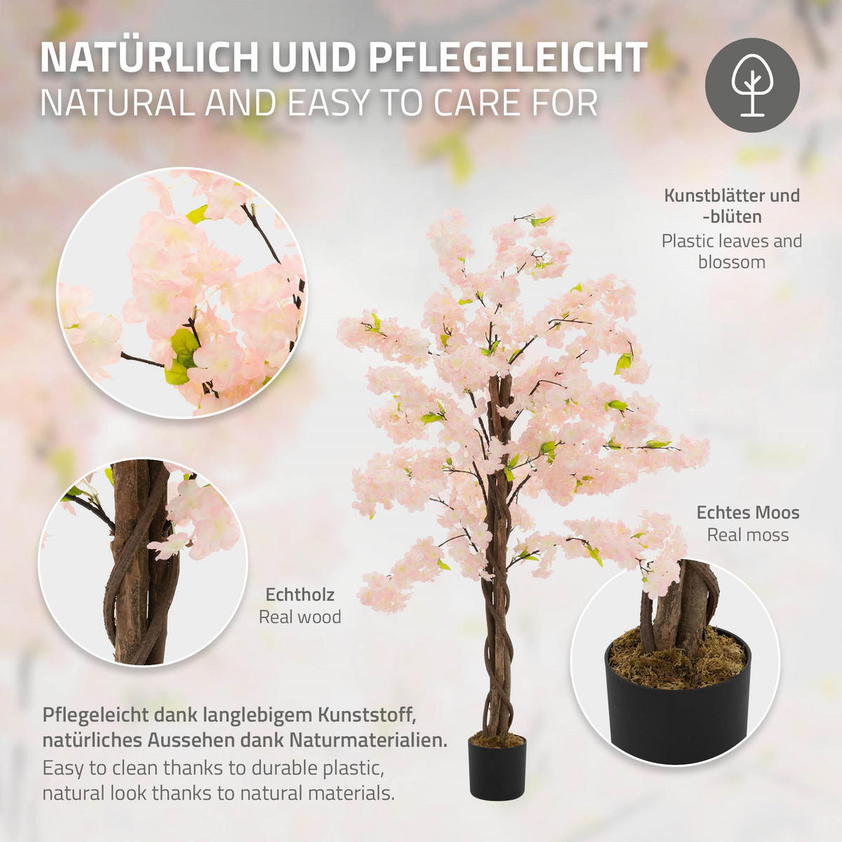 KÜNSTLICHER KIRSCHBLÜTENBAUM 120 cm Rosa mit Naturholzstamm - Pink/Schwarz, Kunststoff/Textil (120cm) - ML-DESIGN