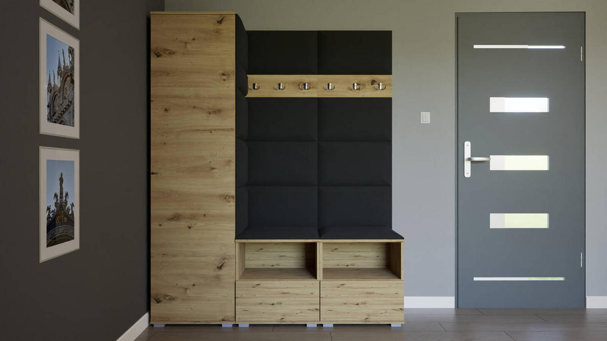 GARDEROBEN-SET Nela II mit gepolsterten Paneelen 150/187/40 - Silberfarben/Schwarz, Holzwerkstoff/Kunststoff (150/187/40cm)