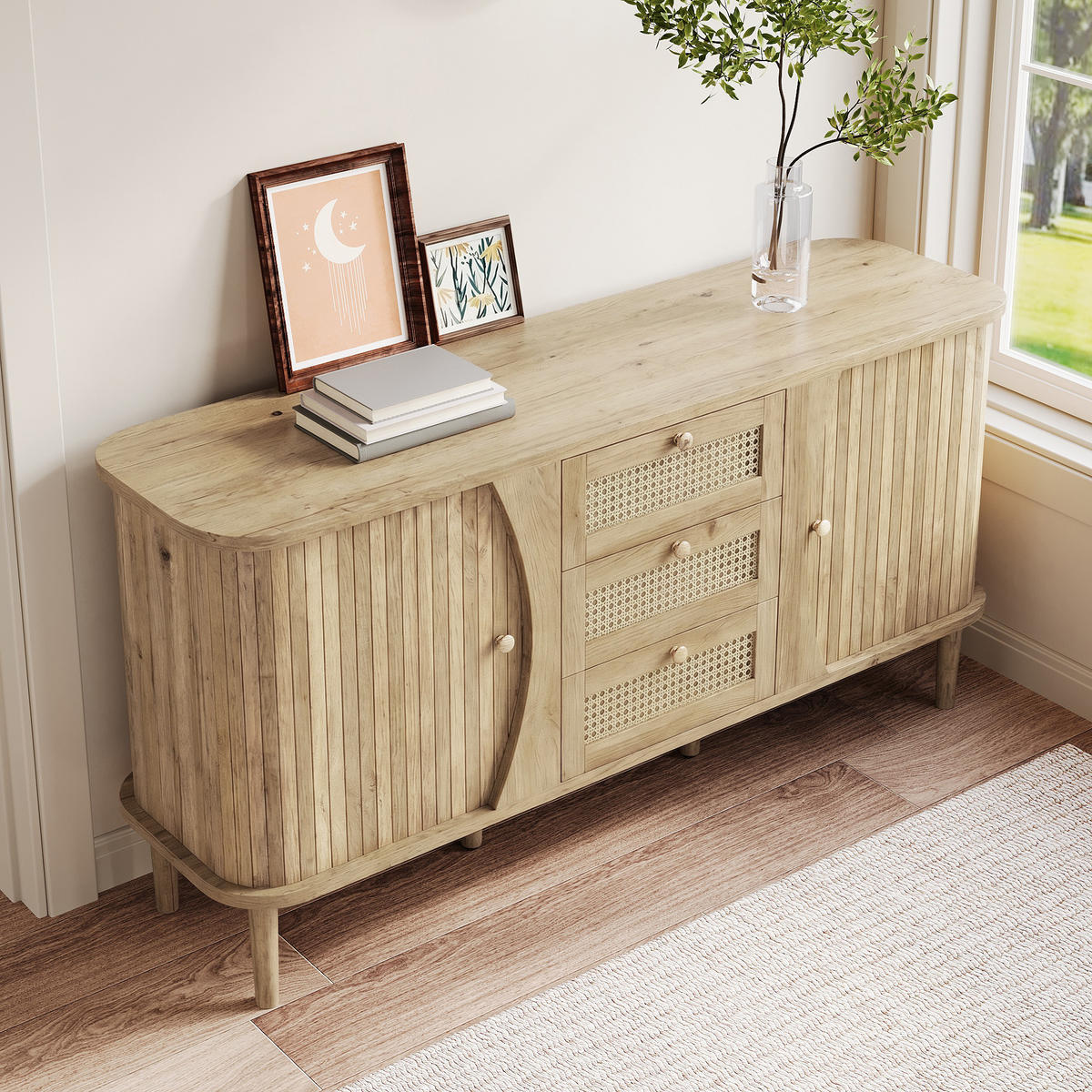 SIDEBOARD Rattan Schiebetüren verstellbare Böden modern - Naturfarben, Holzwerkstoff (40/76/140.5cm) - FLIEKS