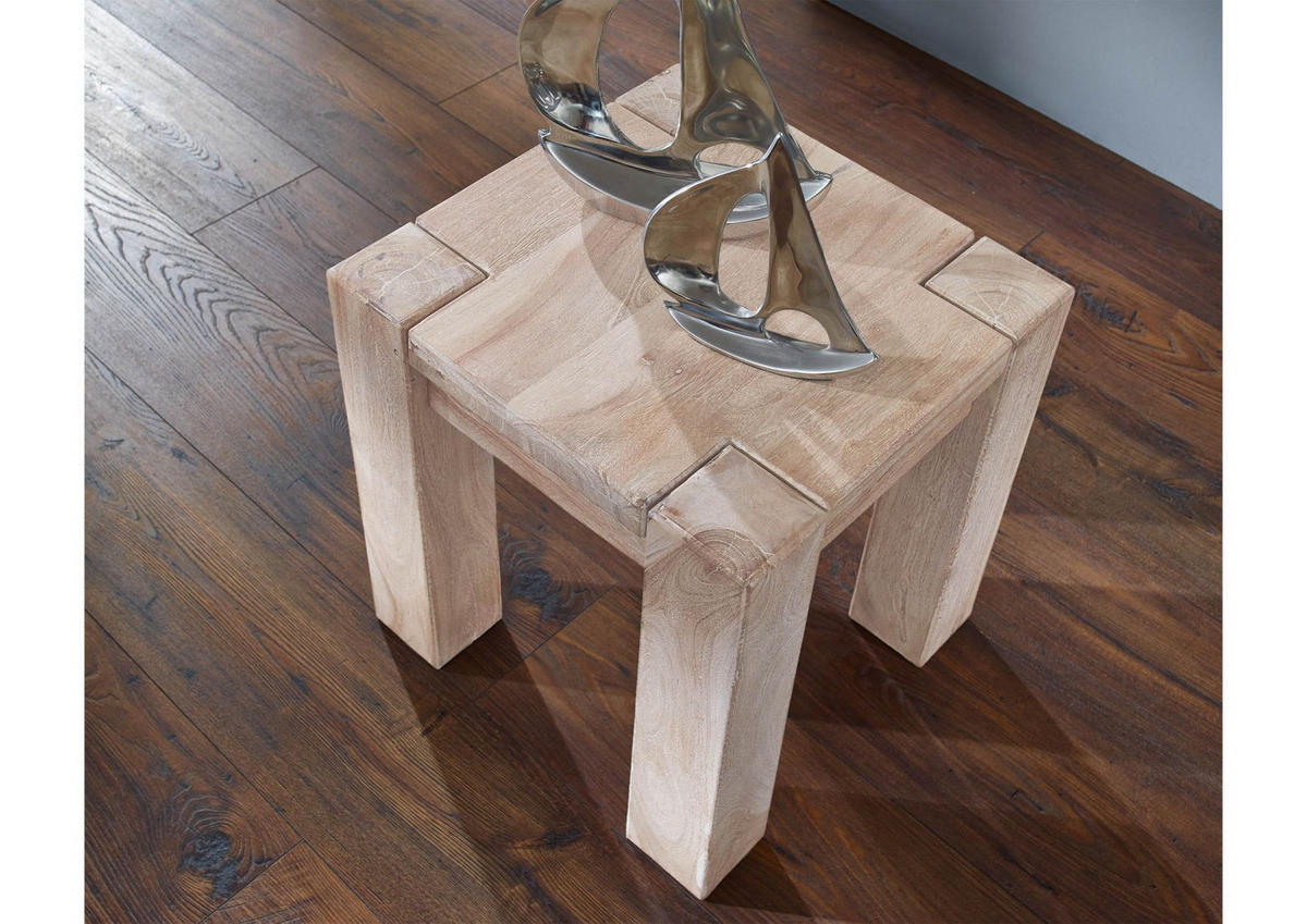 HOCKER Akazie 40x40x45 white stone getüncht NATURE WHITE #10 - Beige, Holz (40/45/40cm) - Massivmoebel24