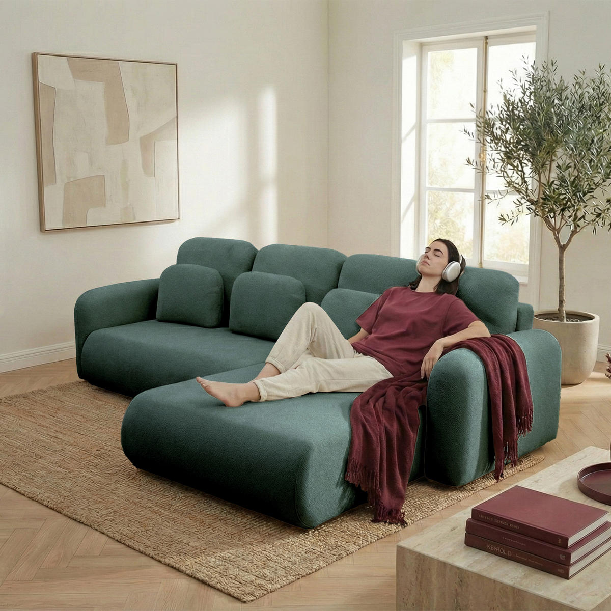 ECKSOFA NEST Universal mit Liegeflache 157x240 cm - Dunkelgrün, Textil (280/187cm) - Muffo