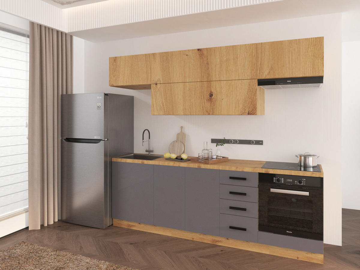 KÜCHENZEILE 240 - Langen KL2-M240 in Grau/ Artisan Eiche - Schwarz/Eiche Artisan, Holz/Metall (240/212/58cm)