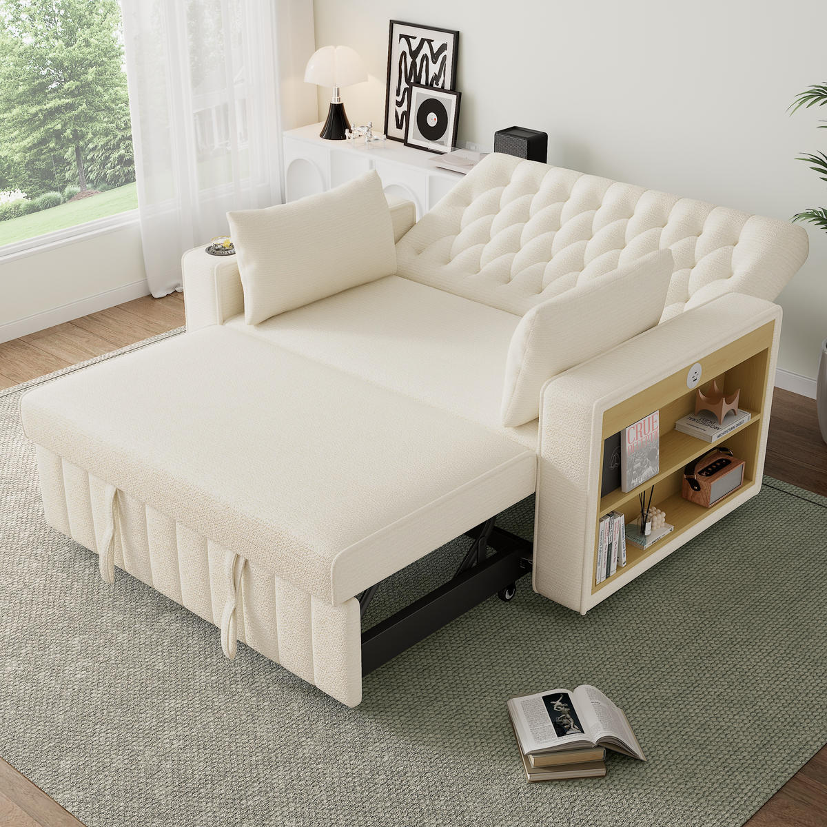 SCHLAFSOFA Multifunktion mit Getränkehalter und USB-Ladeanschlüssen Chenille Beige 140/137/84 cm - Beige, Textil (140/84/137cm) - OKWISH