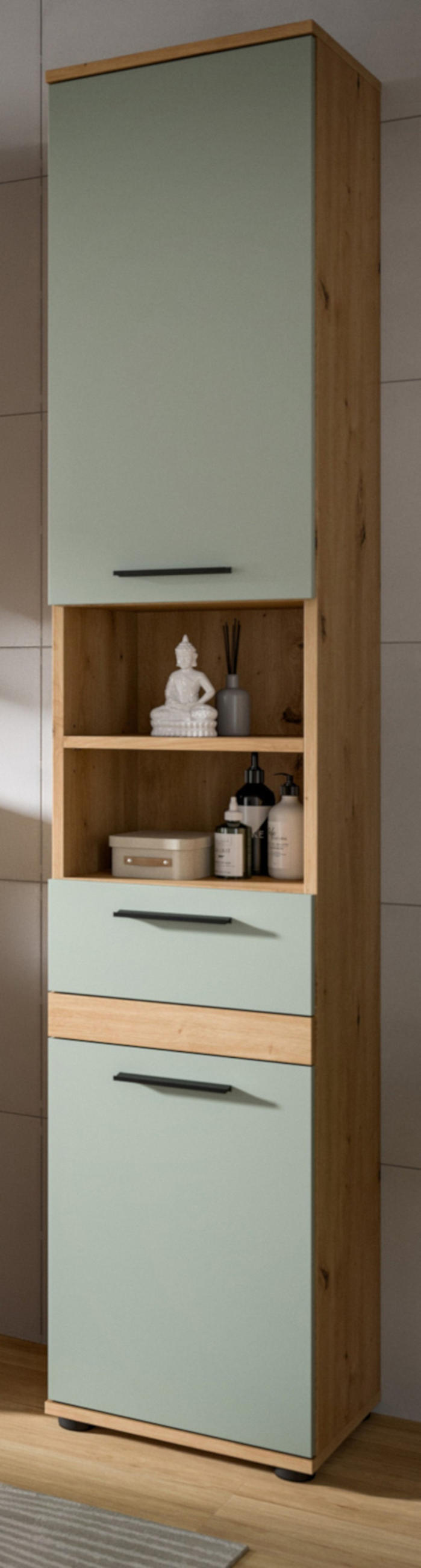 HOCHSCHRANK Salbei, Artisan Eiche 35 x 191 cm, Badschrank mit vielen Fächern - Salbeigrün/Schwarz, Holzwerkstoff/Kunststoff (35/191/31cm) - Inn.Furn