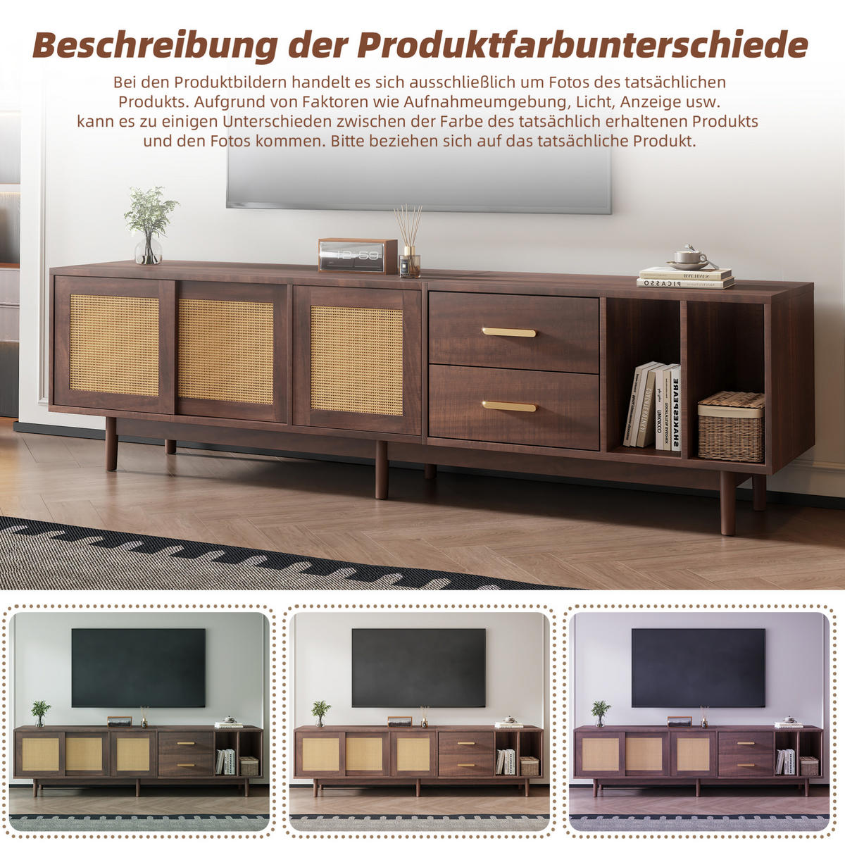 TV-LOWBOARD aus MDF 190x40x52 cm Braun mit Rattanfront, 3 Türen, 2 Schubladen und 2 offenen Fächern - Braun, Holzwerkstoff (190/52/40cm) - Modfu