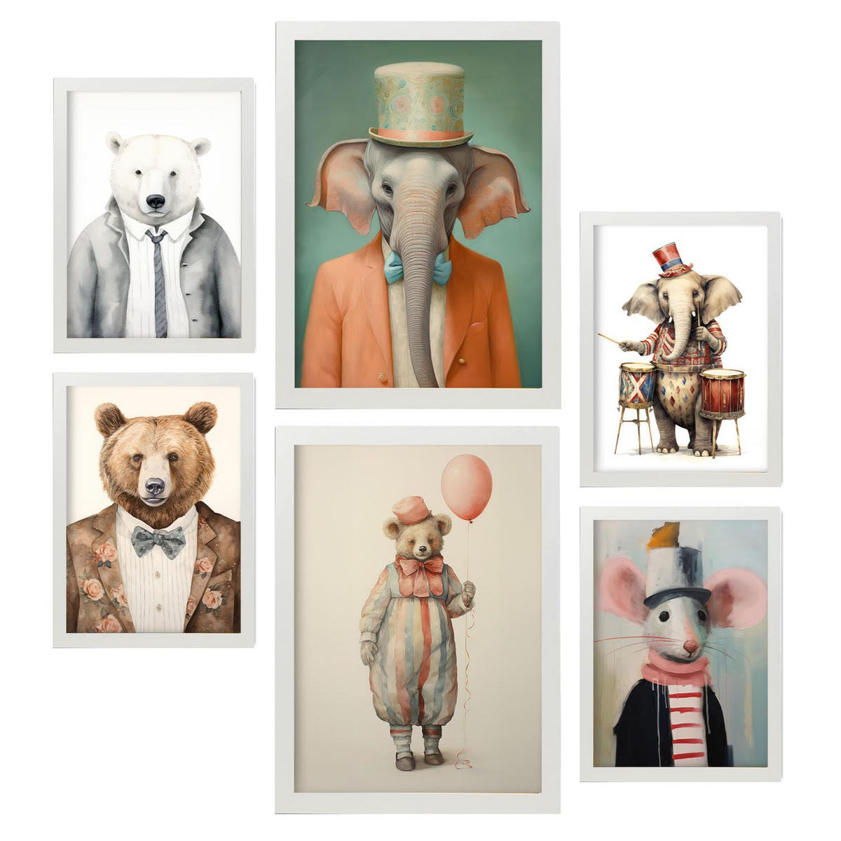 POSTER Set Mit 6 Zirkustiere A3 & A4 Weißer Rahmen - Weiß, Papier (29/3cm) - Nacnic
