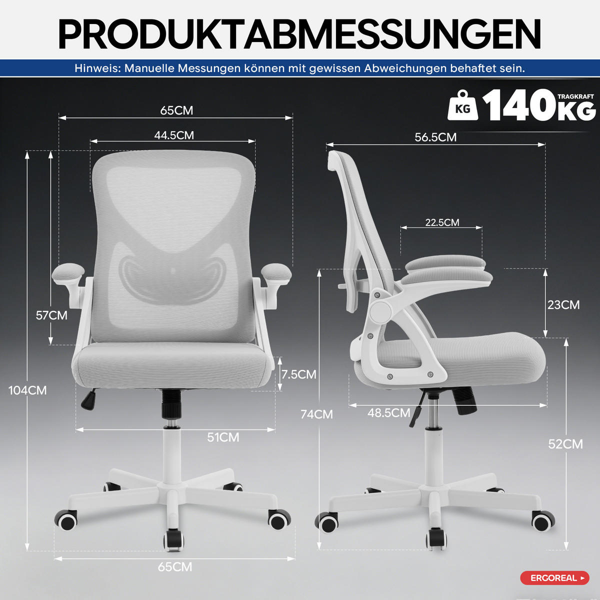 DREHSTUHL Gräulich-weiß mit verstellbare Rückenlehne und verstellbare Lendenwirbelstütze - Weiß, Kunststoff (65/104/65cm) - Oxeza