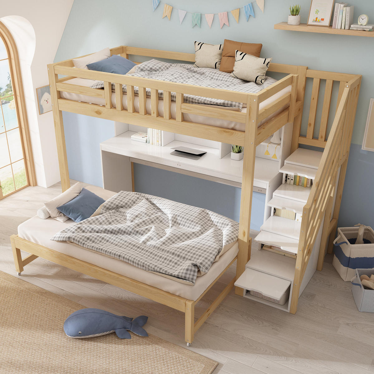 ETAGENBETT aus Kiefernholz 90x200 cm Weiß & Eiche mit Schreibtisch, Ausziehbett, Stauraum und Leiter - Eichefarben, Holz (90/200cm) - Modfu
