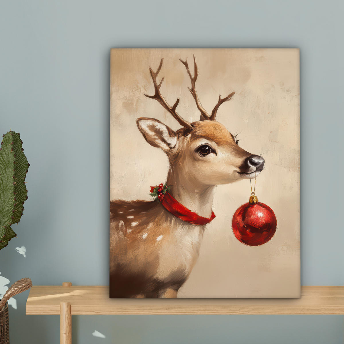 LEINWANDBILD Weihnachten - Hirsch - Geweih - Weihnachtskugel - Rentier Room Decor 30x40 cm - Hellbraun, Textil (30/40cm) - MuchoWow