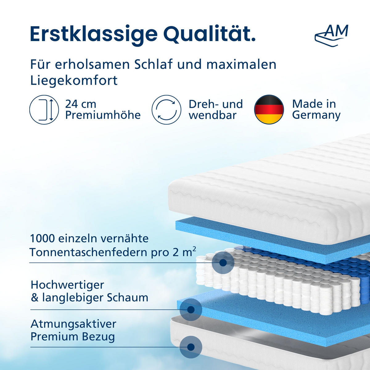 TASCHENFEDERKERNMATRATZE 1000 Federn 70/200 cm H5 - 24cm Höhe & Tencel Bezug - Weiß, Textil (70/200cm) - AM Qualitätsmatratzen