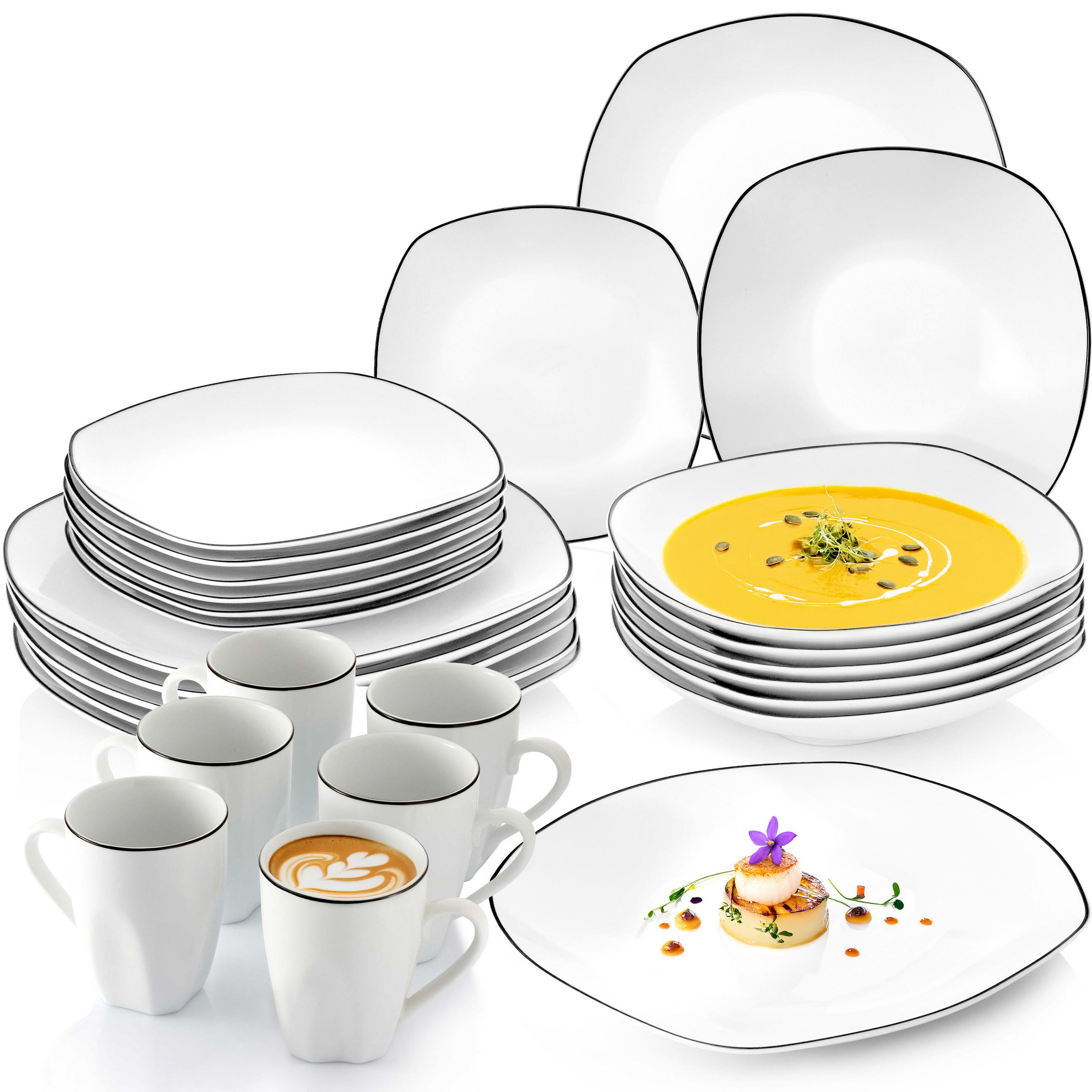 GESCHIRRSET,PORZELLAN Kombiservice Bilgola Black Rim 24 teilig für 6 Personen - Schwarz/Weiß, Keramik (50/30/80cm) - Sänger