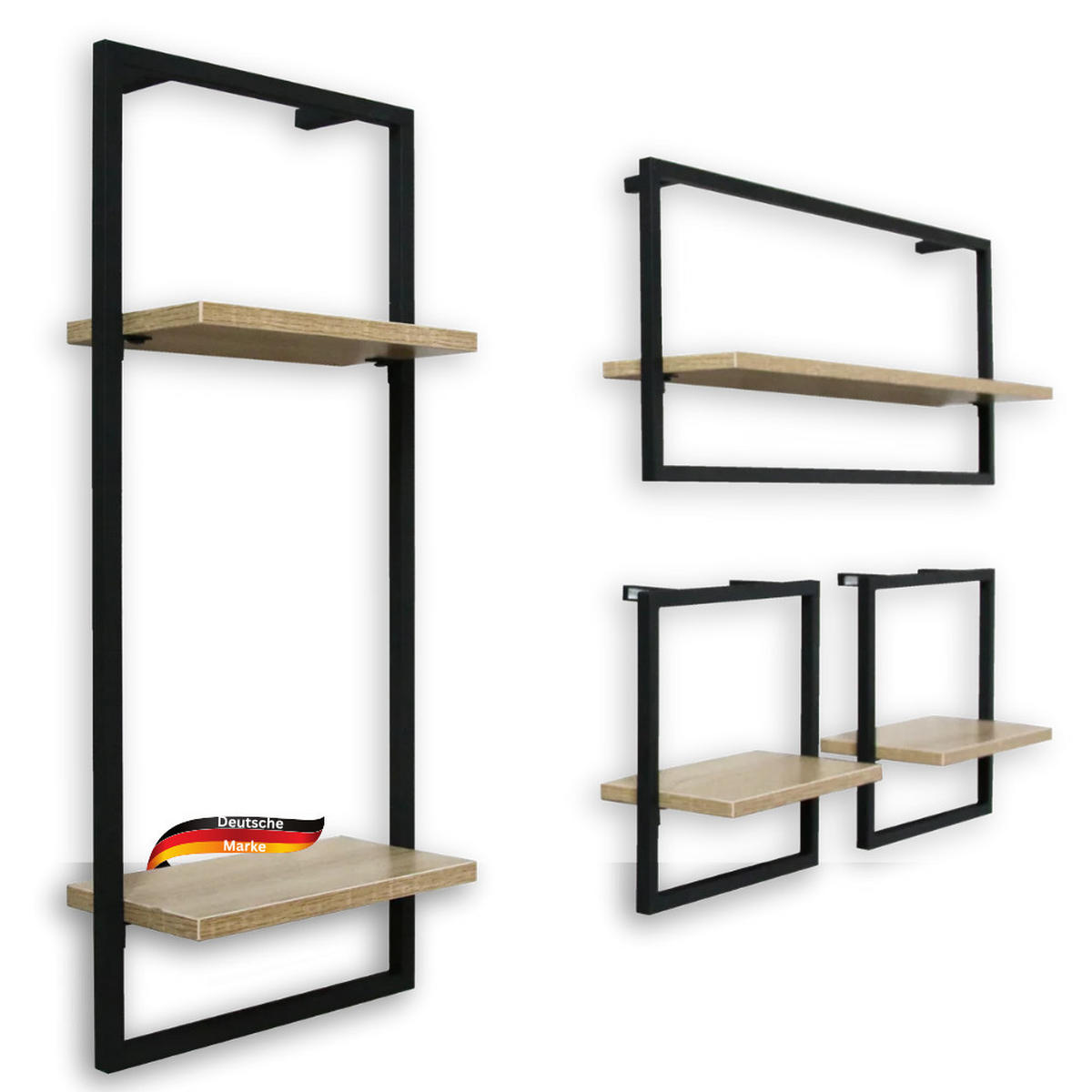 WANDREGAL 4er-Set Schwarz SYIOP MDF Metallrahmen - Braun, Holz (70/30/15cm) - DELUKE