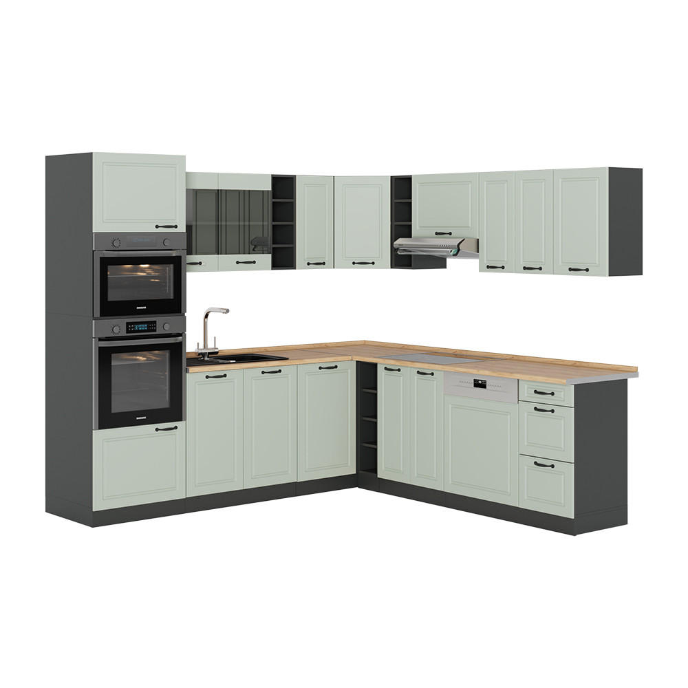 ECKKÜCHE R-Line, Mint Landhaus/Anthrazit, 247 x 237 cm - Anthrazit/Grün, Holzwerkstoff (247/206.8/60cm) - Vicco