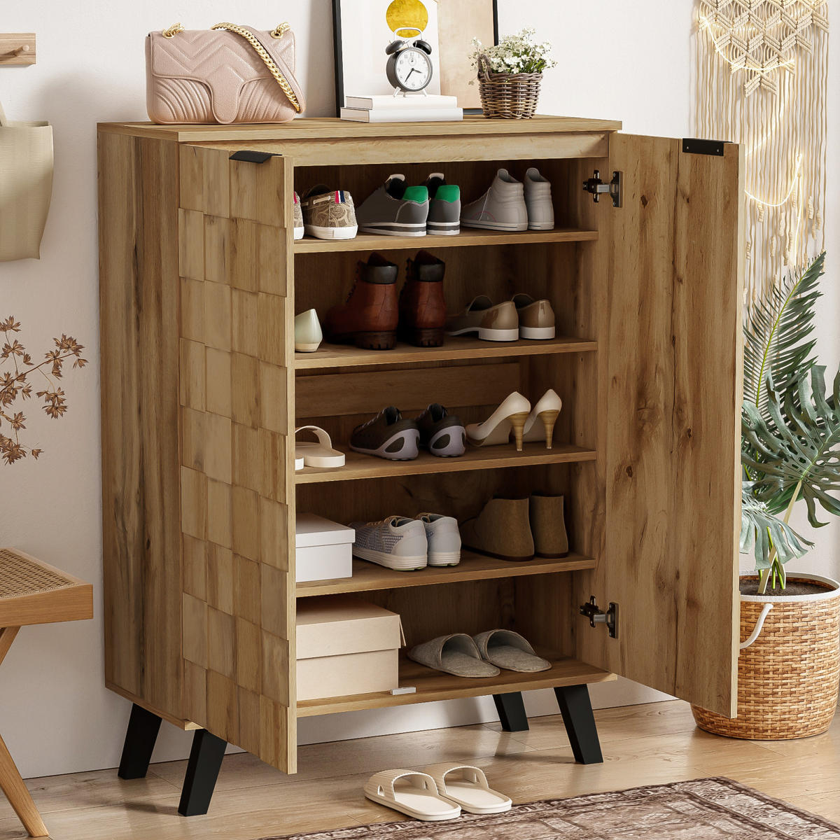 SCHUHSCHRANK 80x35x109 cm Weiß, 5 Fächer, Verstellbare Einlegeböden, Ordnung - Naturfarben, Holz (80/109/35cm) - PARAFTA HOME