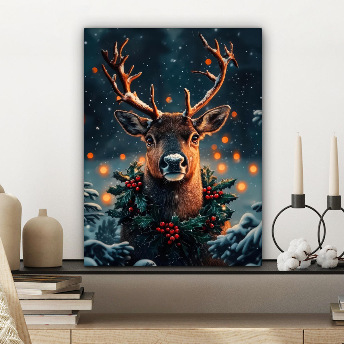 LEINWANDBILD Hirsch - Weihnachten - Winter - Schnee - Weihnachtskranz 30x40 cm - Dunkelbraun, Textil (30/40cm) - MuchoWow