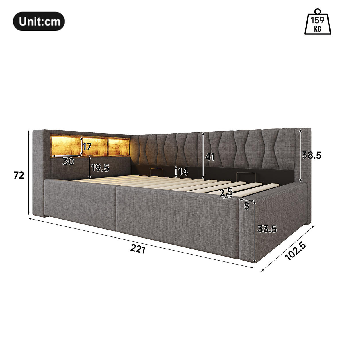 DENNÍ POSTEL 90x200cm Pohovka Úložná LED USB Šedá - šedá, přírodní materiály (90/200cm) - FLIEKS