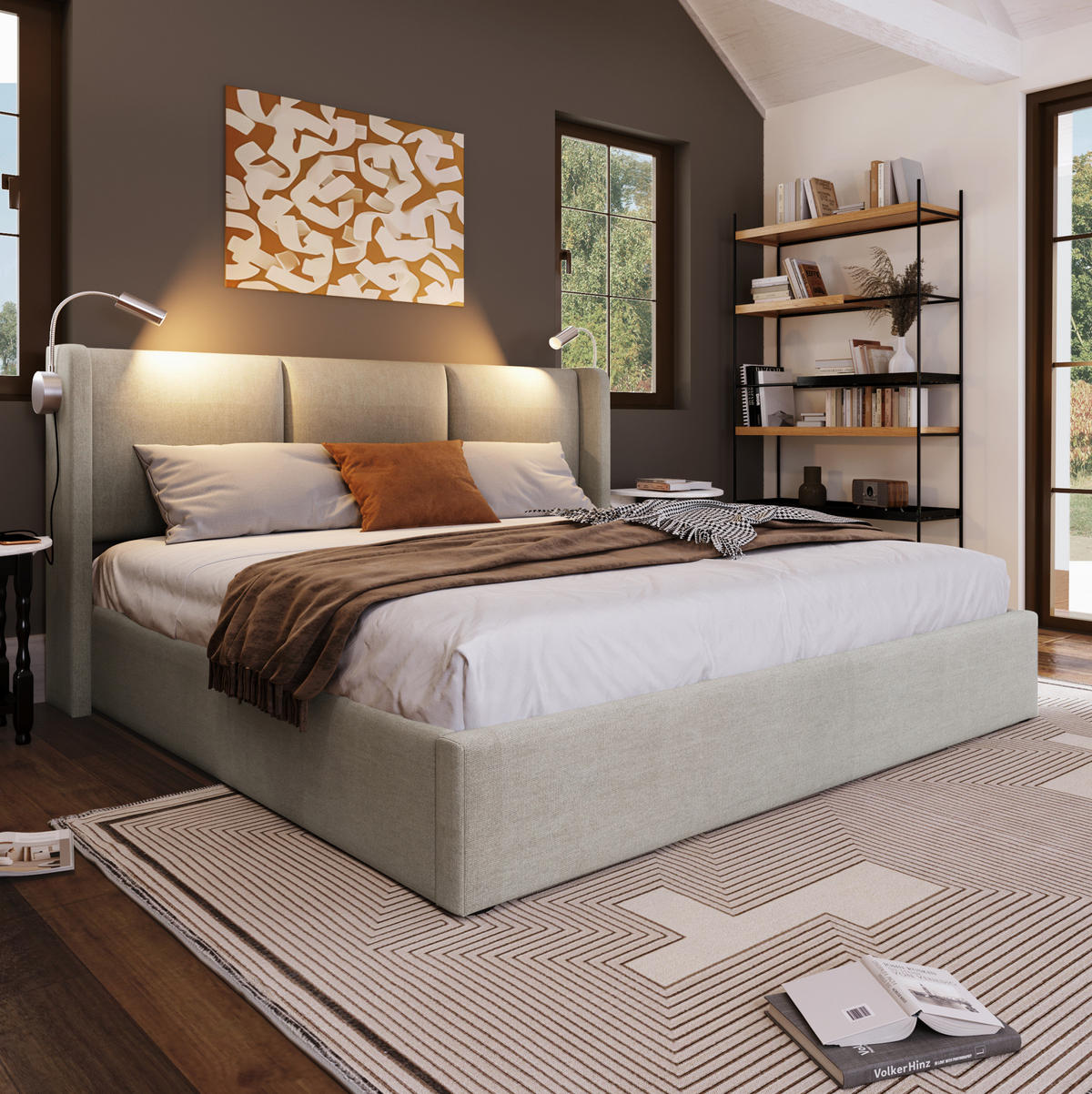 BETT mit Bettkasten 140x200 cm Leinen Beige mit Leselicht und USB - Beige, Metall (140/200cm) - Meubliv