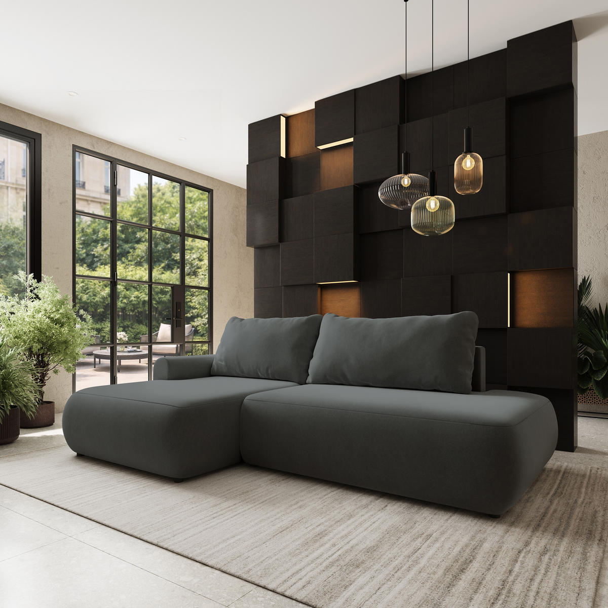 ECKSOFA NUVIRA CL L-S Grau Samtstoff mit Schlaffunktion - Grau, Holzwerkstoff/Textil (279/158cm) - MASSENO