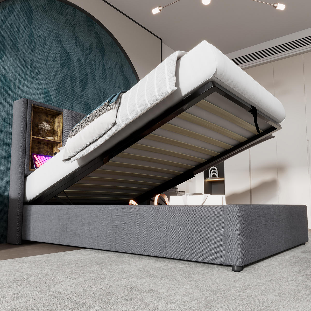 POLSTERBETT 90/200 cm mit Bettkasten (Gasdruckfeder) & Kopfteil mit Wireless Charging/USB/Typ C,Grau - Grau, Textil (90/200cm) - Redom