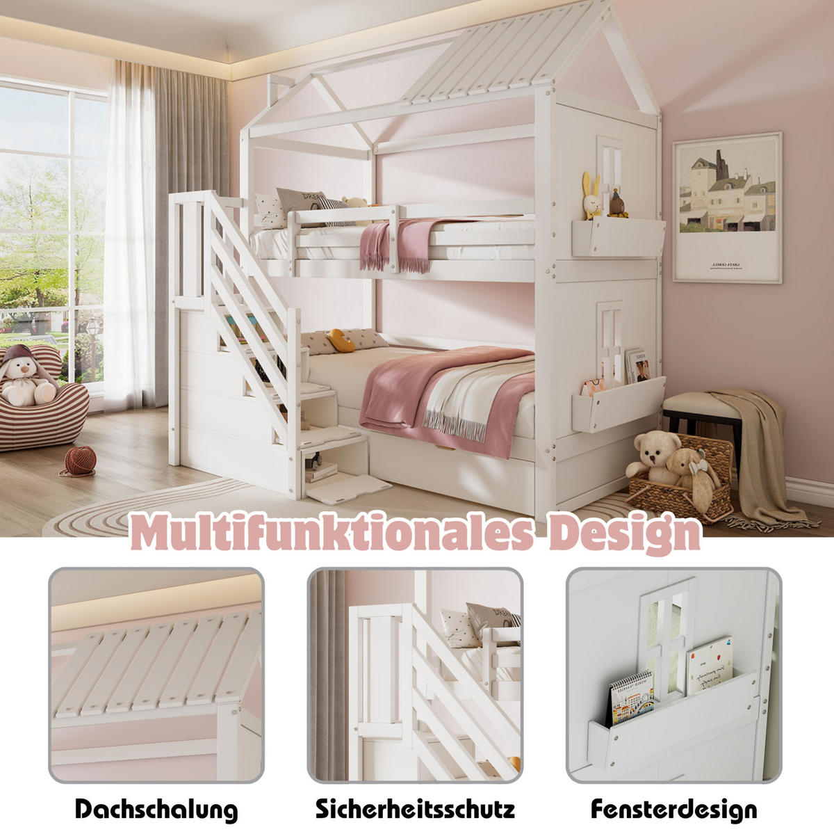 ETAGENBETT 90/200 cm mit Stauraumtreppe, Schubladen und Regalen, aus Kiefer/MDF, Weiß - Weiß, Holz (90/200cm) - Redom