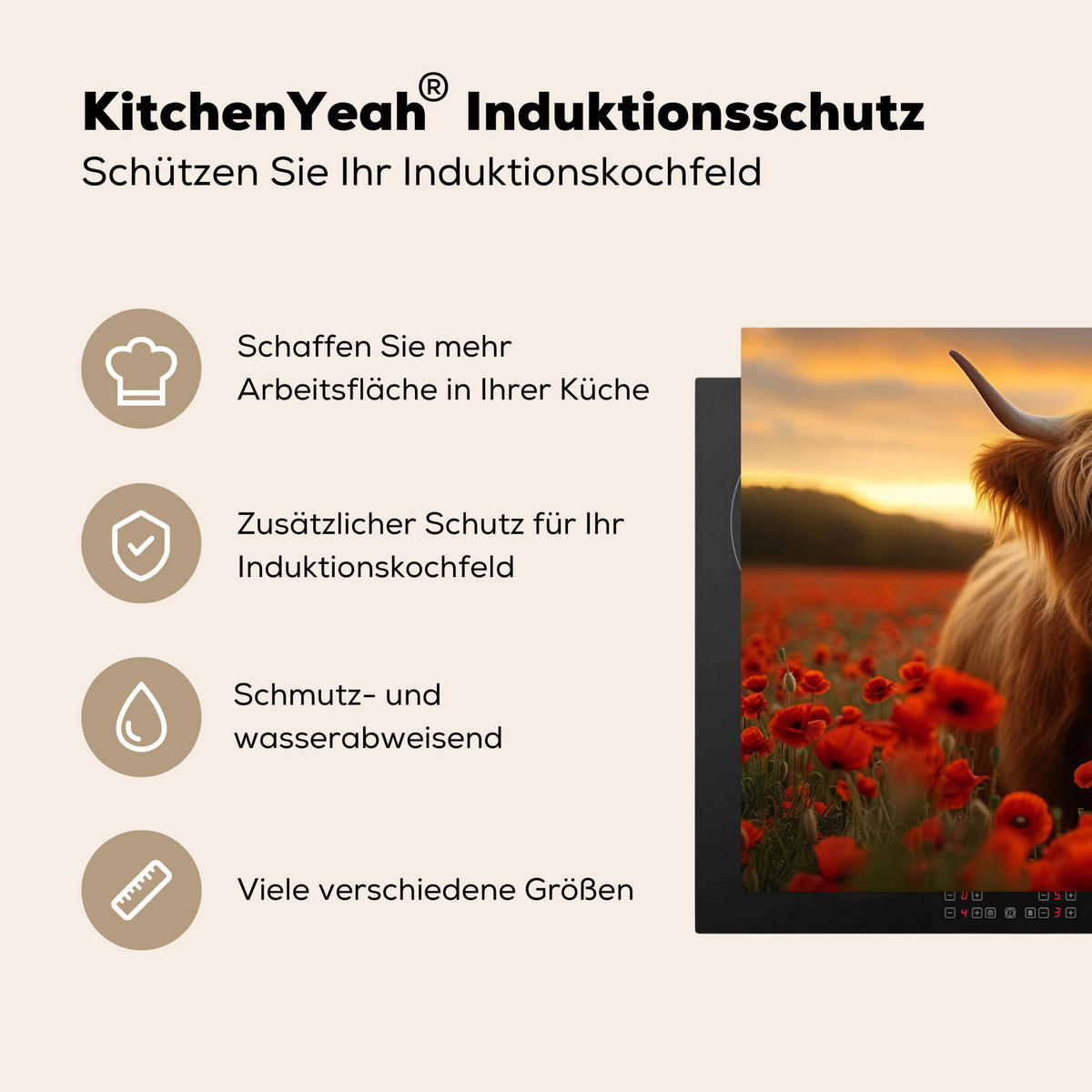 HERDABDECKPLATTE Schottische Highlander - Rosen - Blumenfeld - Sonnenuntergang Herdabdeckung Induktionsfeld 70x52 cm - Rotbraun, Kunststoff (70/52/0.2cm) - MuchoWow