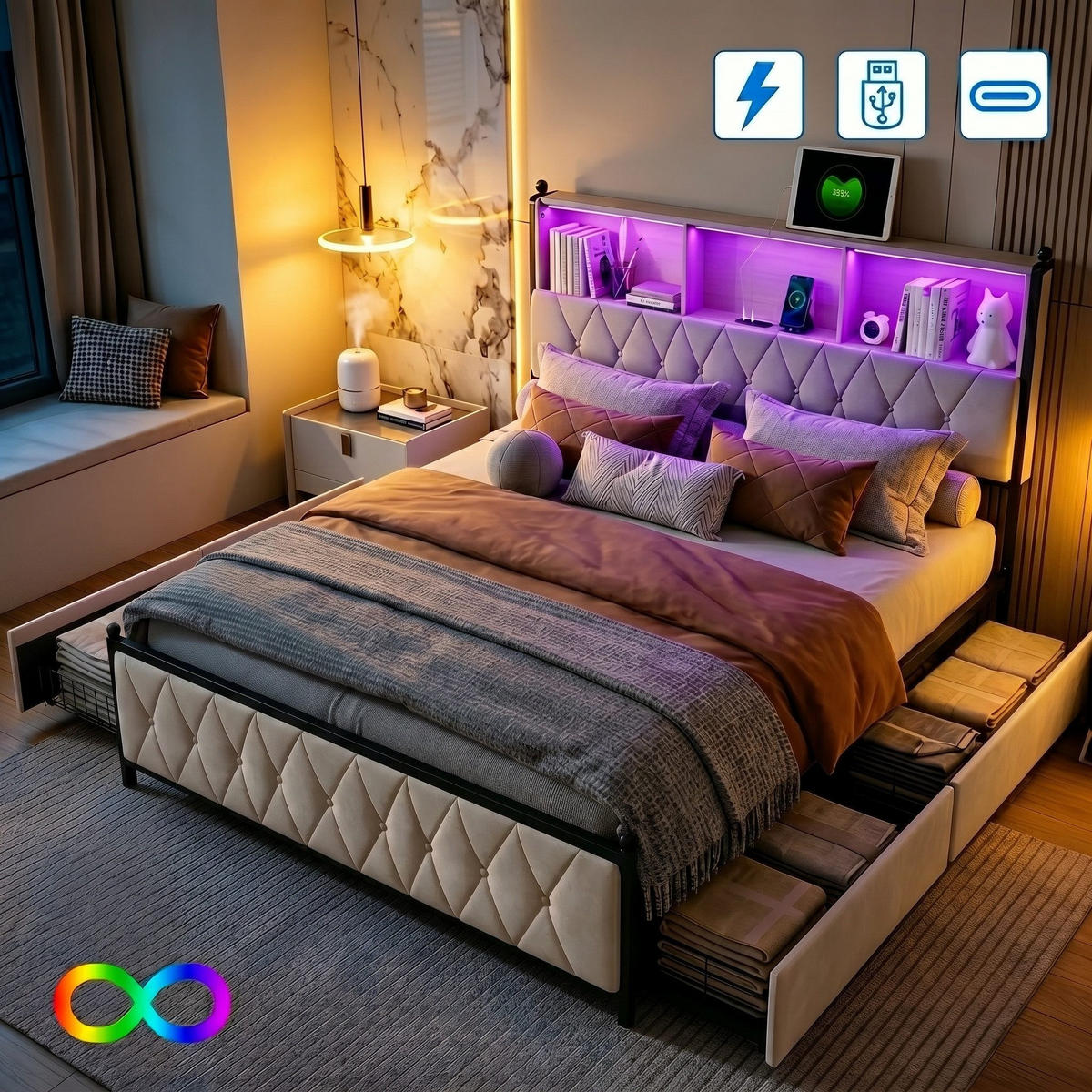POSTEĽ 160x200cm béžový zamatový LED úložný priestor pod posteľ s USB-C - béžová, kov - SHOPENTRA