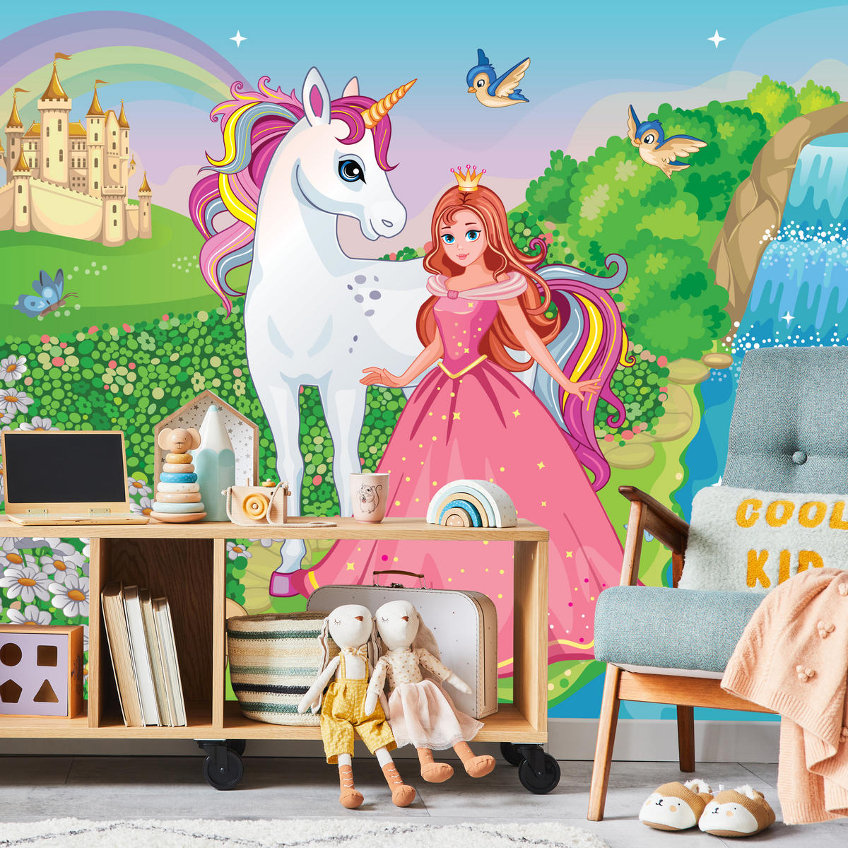 FOTOTAPETE für Kinderzimmer Prinzessin Einhorn Schloss Wasserfall Blumen 350x256 - Blau/Gelb, Papier (350/256cm) - Muralo