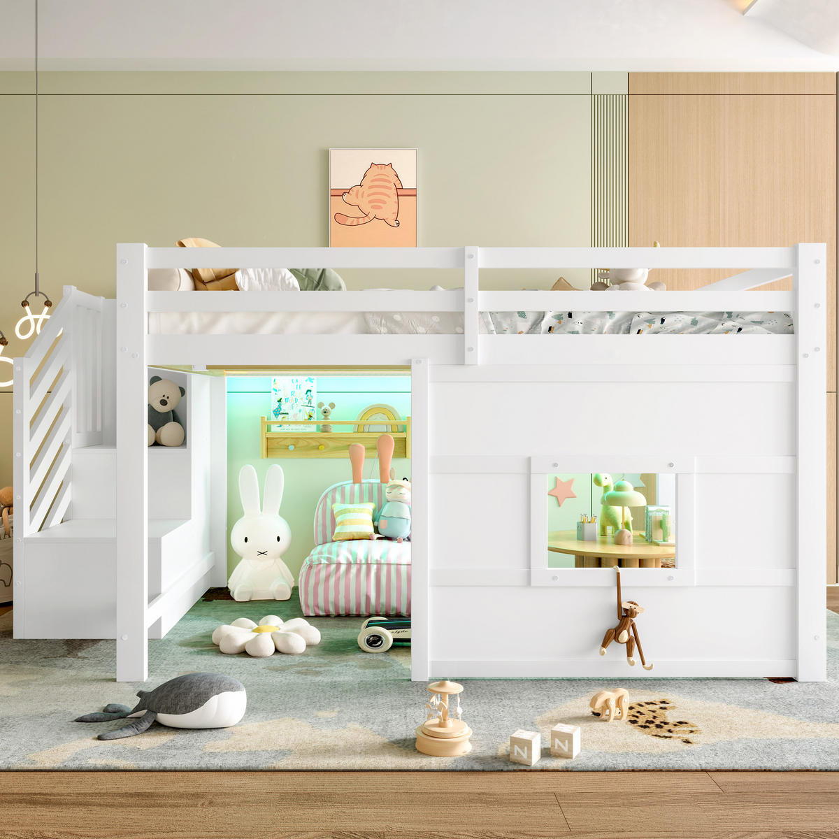 HOCHBETT 140/200 cm weiß aus MDF mit Stauraumtreppe Fenster und LED-Kopfteil - Weiß, Holzwerkstoff (140/200cm) - OKWISH