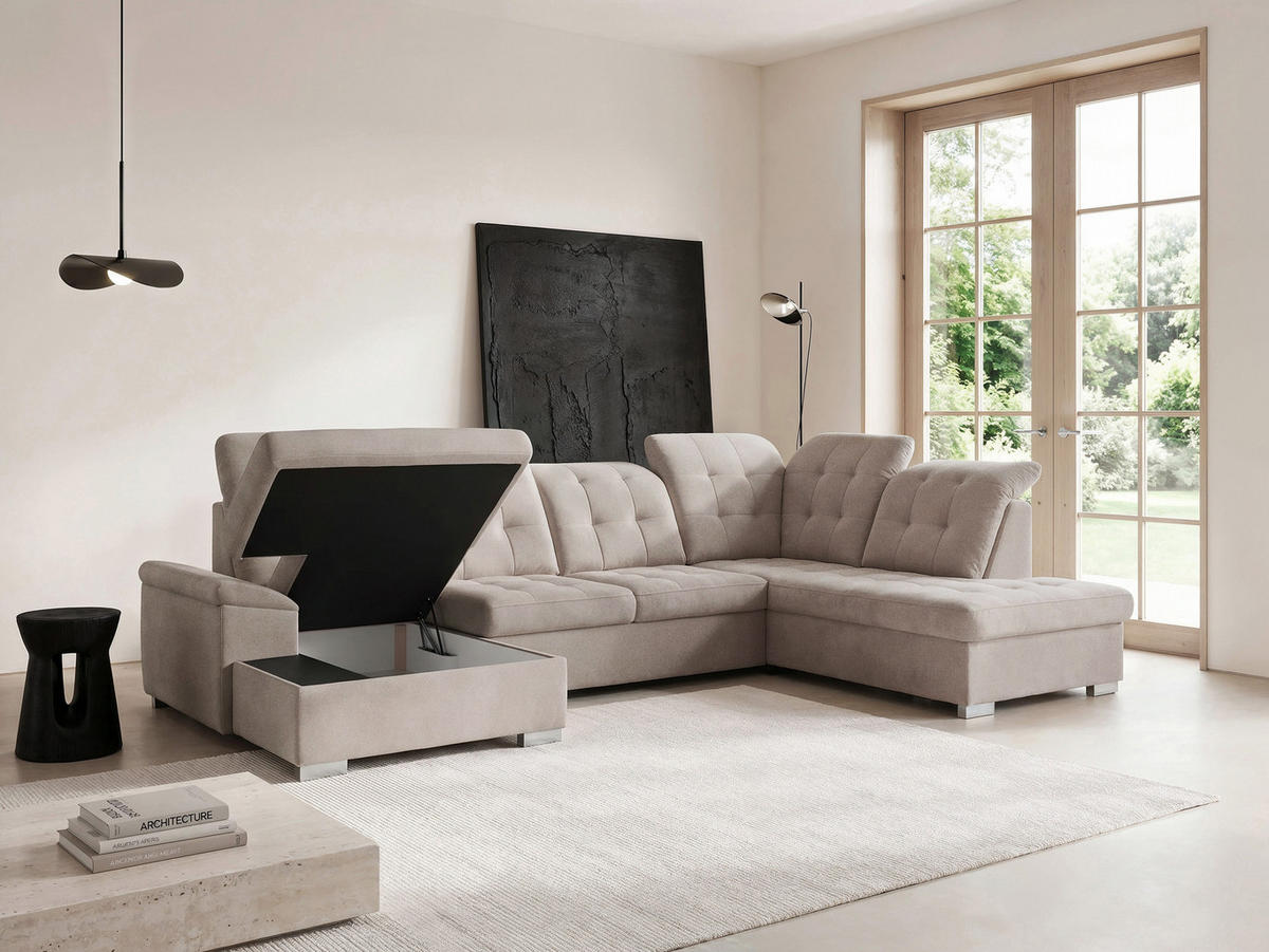 WOHNLANDSCHAFT ANON Ottomane Rechts, mit Schlaffunktion und Bettkasten, Beige - Beige, Kunststoff/Textil (322/87/220cm) - Idohome