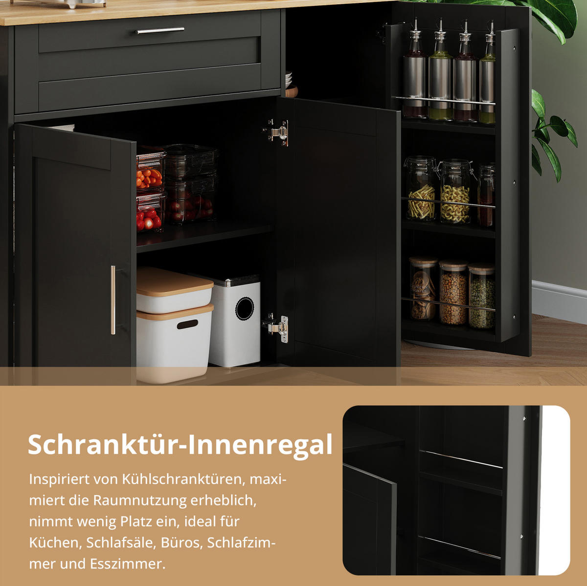 KÜCHENWAGEN 132,5/44(70)/90 cm in Schwarz/Eicheoptik mit Klappplatte und Rollen - Schwarz, Holzwerkstoff (132.5/90/70cm) - Flora Grace