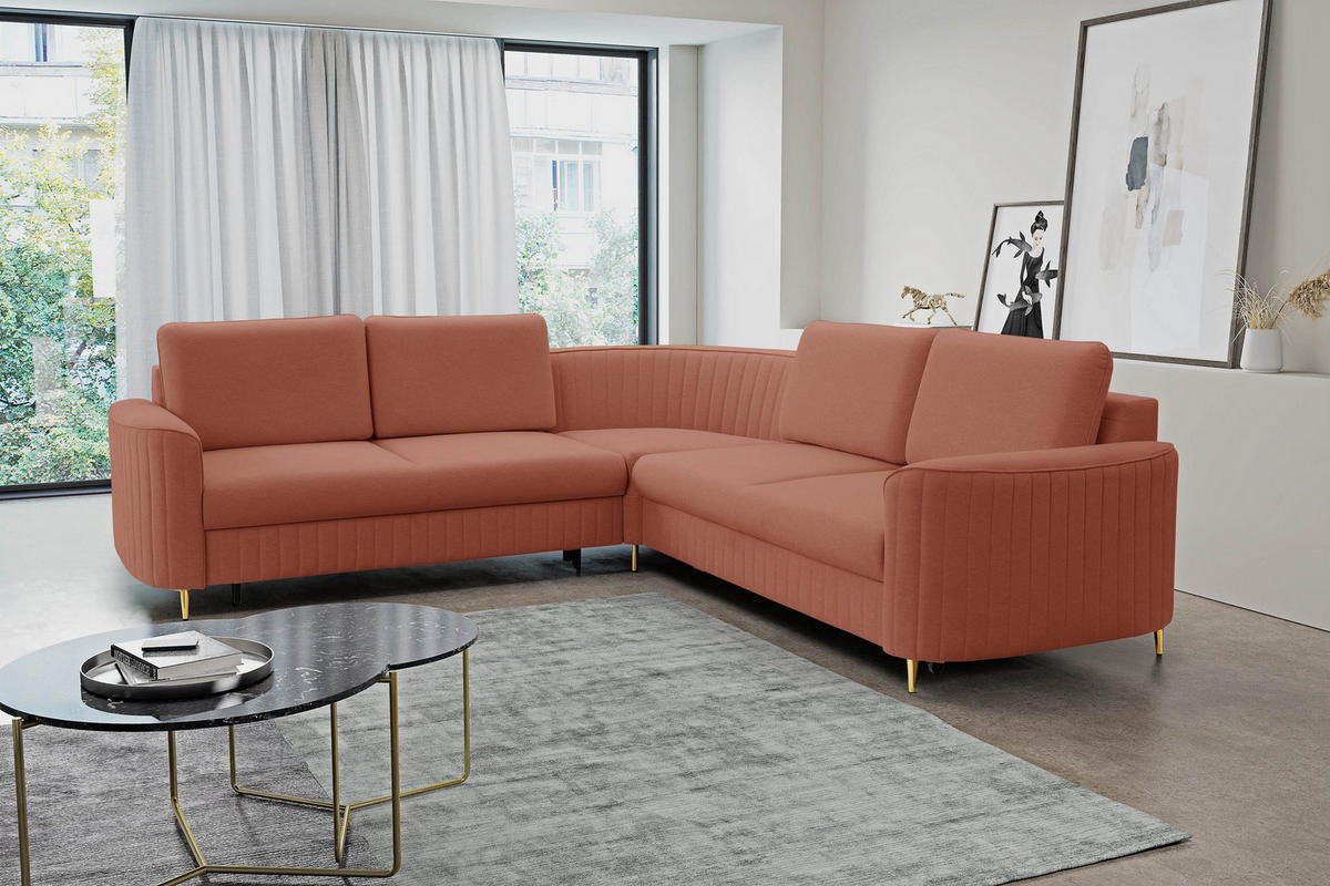 ECKSOFA VELA R-S Rosa Velours-Stoff mit Schlaffunktion - Rosa, Holz (251/251cm) - MASSENO