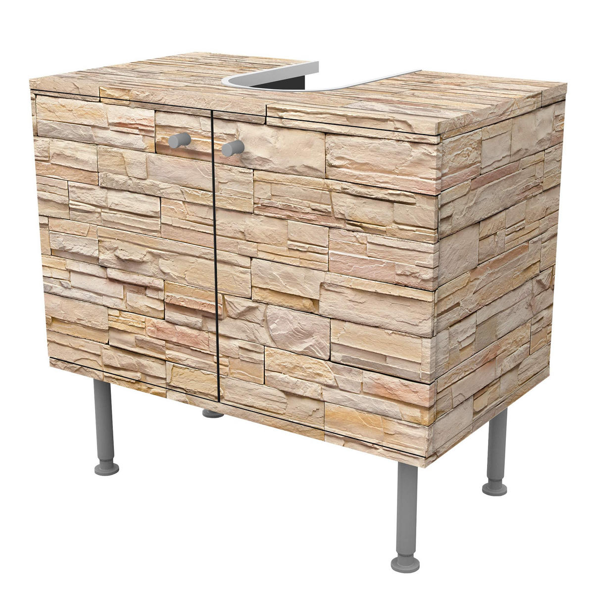 WASCHBECKENUNTERSCHRANK Asian Stonewall - Große helle Steinmauer aus wohnlichen Steinen 60/55/35 cm - Braun, Holzwerkstoff (60/55/35cm) - Bilderwelten