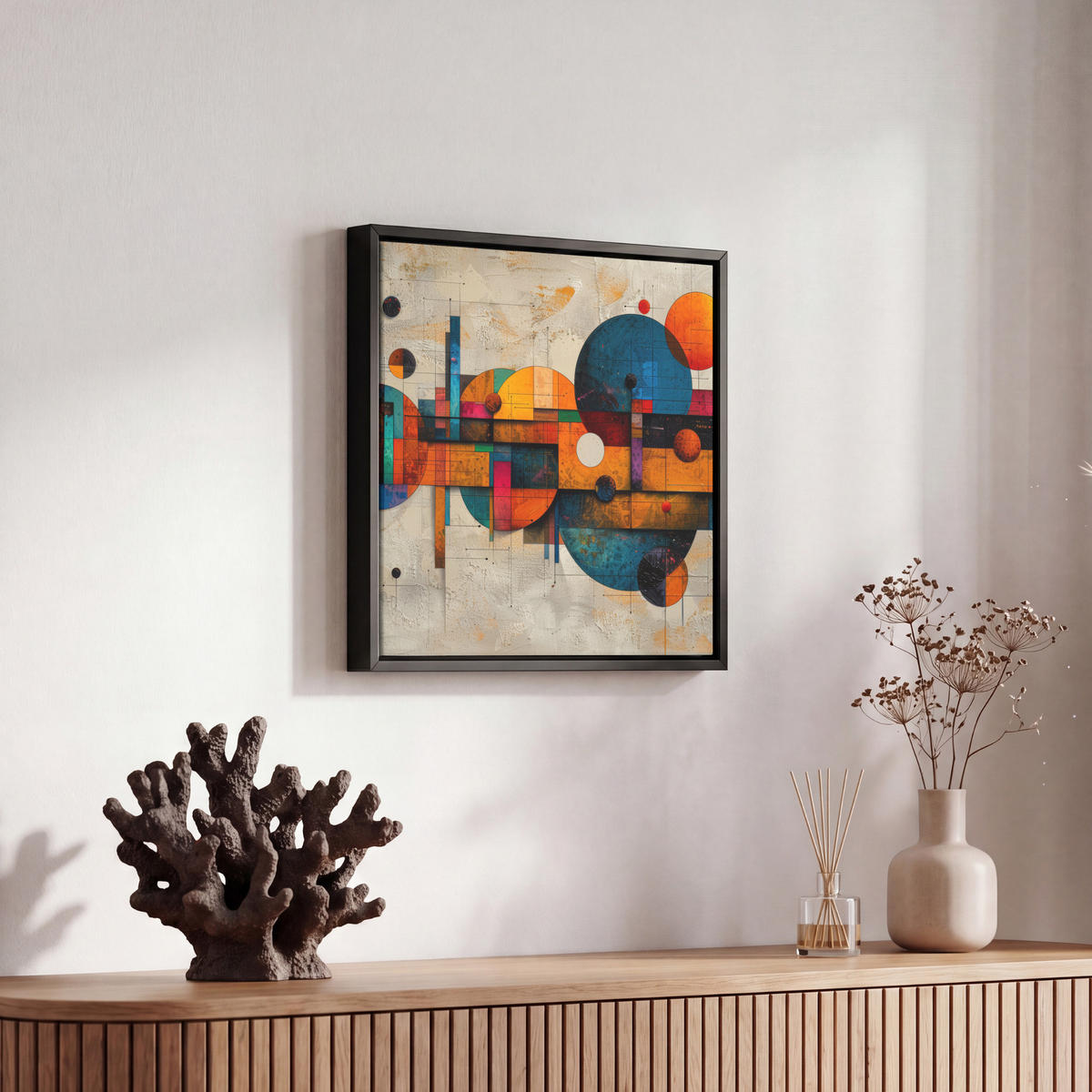 LEINWAND Bilder mit Rahmen - Vintage - Moderne Kunst - Orange - Geometrische Formen - 20x20 - Multicolor, Textil (20/20cm) - MuchoWow