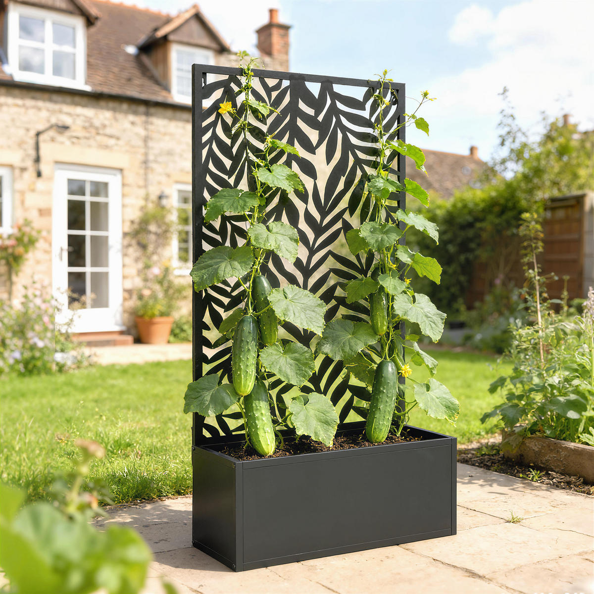 PFLANZKASTEN mit Rankgitter Metall Schwarz - Schwarz, Metall (23/113/61cm) - Outsunny