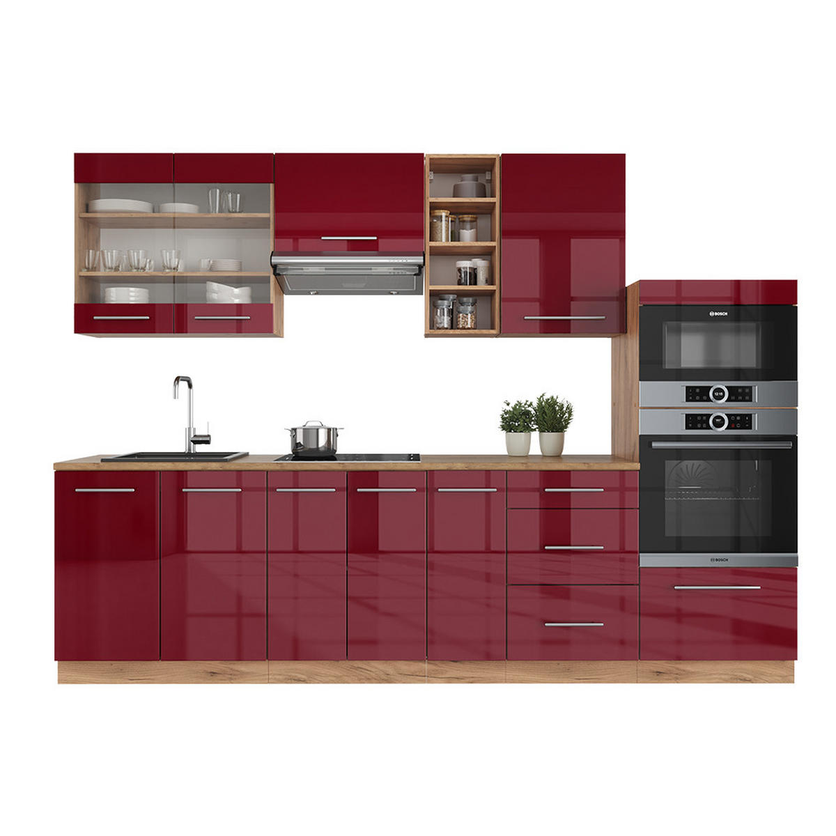KÜCHENZEILE Fame-Line Bordeaux Hochglanz/Goldkraft Eiche 280 cm ohne AP - Bordeaux/Eiche Wotan, Holzwerkstoff (280/81.6/46cm) - Vicco