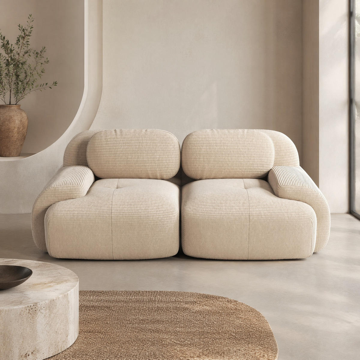 ECKSOFA 208/103/70 cm in Beige aus Cord mit modularem Design und rutschfester Unterseite - Beige, Textil (103/70/208cm) - Flora Grace